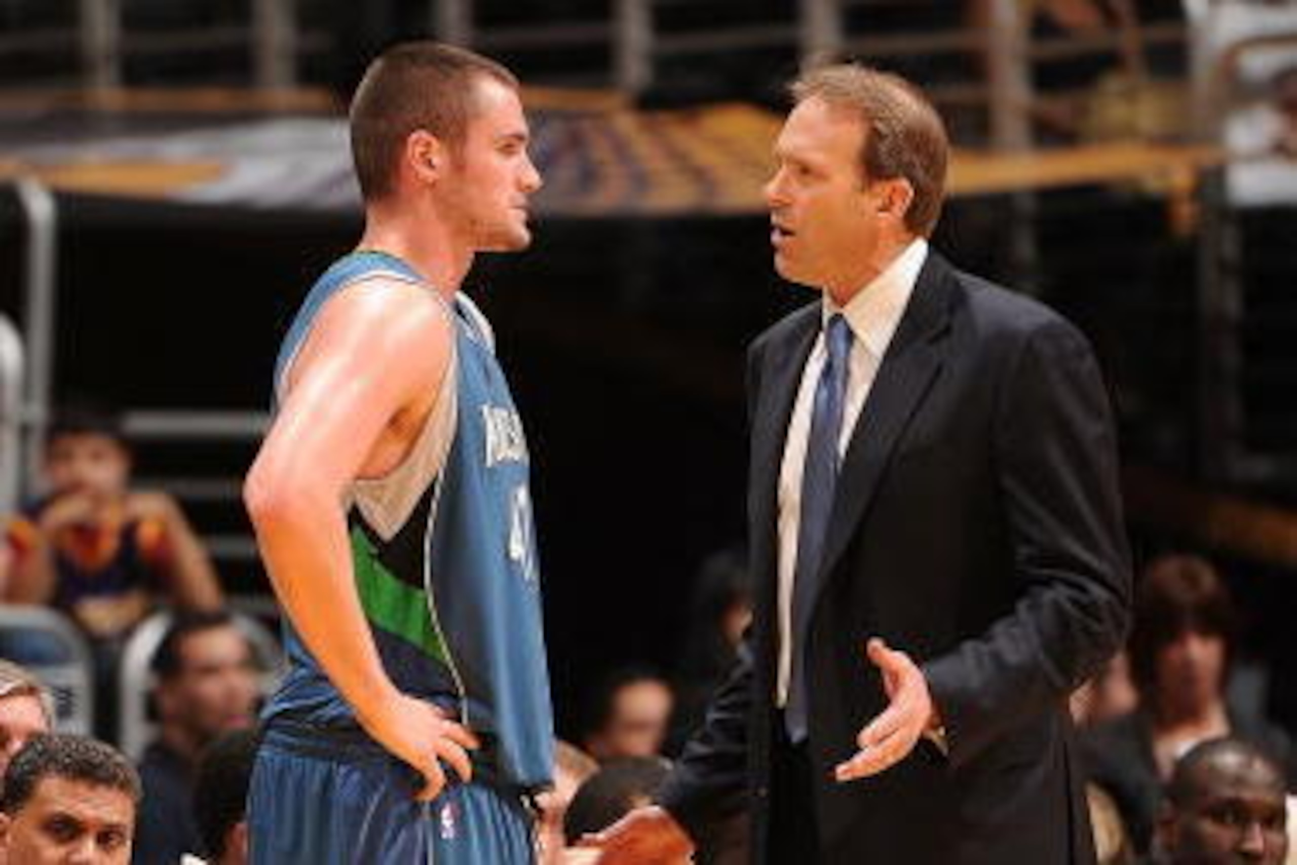 LOS ANGELES - DECEMBER 11: Kevin Love #42 of the Minnesota Timberwolves receives direction from head coach Kurt Rambis during a game against the Los Angeles Lakers at Staples Center on December 11, 2009 in Los Angeles, California. NOTE TO USER: User expr LOS ANGELES - DECEMBER 11: Kevin Love #42 of the Minnesota Timberwolves receives direction from head coach Kurt Rambis during a game against the Los Angeles Lakers at Staples Center on December 11, 2009 in Los Angeles, California. NOTE TO USER: User expr