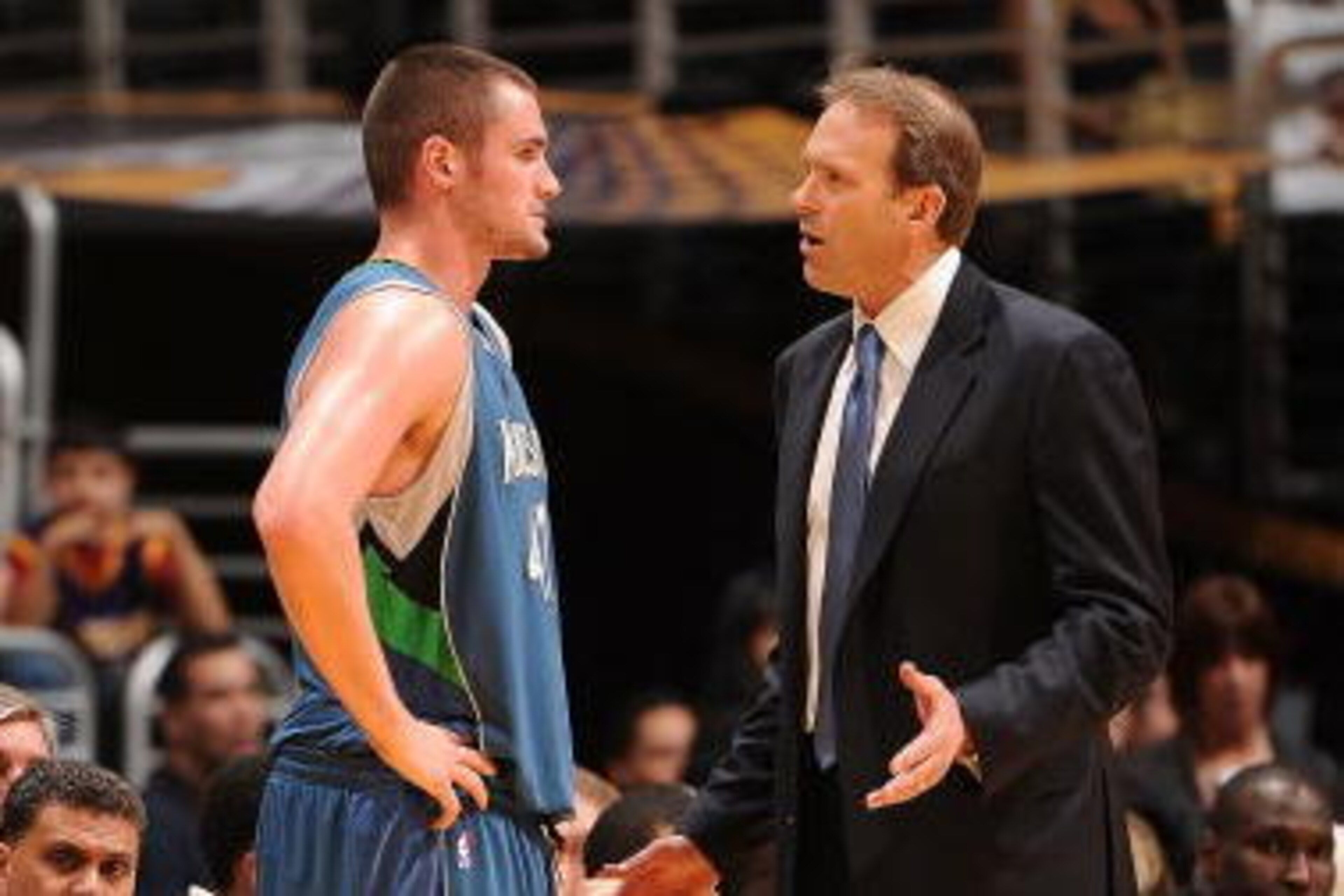 LOS ANGELES - DECEMBER 11: Kevin Love #42 of the Minnesota Timberwolves receives direction from head coach Kurt Rambis during a game against the Los Angeles Lakers at Staples Center on December 11, 2009 in Los Angeles, California. NOTE TO USER: User expr LOS ANGELES - DECEMBER 11: Kevin Love #42 of the Minnesota Timberwolves receives direction from head coach Kurt Rambis during a game against the Los Angeles Lakers at Staples Center on December 11, 2009 in Los Angeles, California. NOTE TO USER: User expr