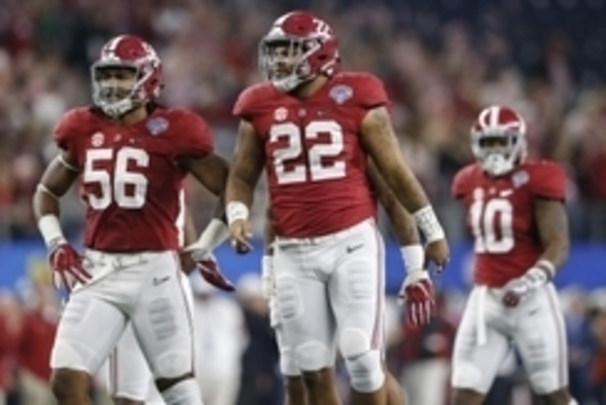 Dec 31, 2015; Arlington, TX, USA; Alabama Crimson Tide linebacker Tim Williams (56) and linebacker Ryan Anderson (22) and linebacker Reuben Foster (10) in action during the game against the Michigan State Spartans in the 2015 CFP semifinal at the Cotton B Dec 31, 2015; Arlington, TX, USA; Alabama Crimson Tide linebacker Tim Williams (56) and linebacker Ryan Anderson (22) and linebacker Reuben Foster (10) in action during the game against the Michigan State Spartans in the 2015 CFP semifinal at the Cotton B