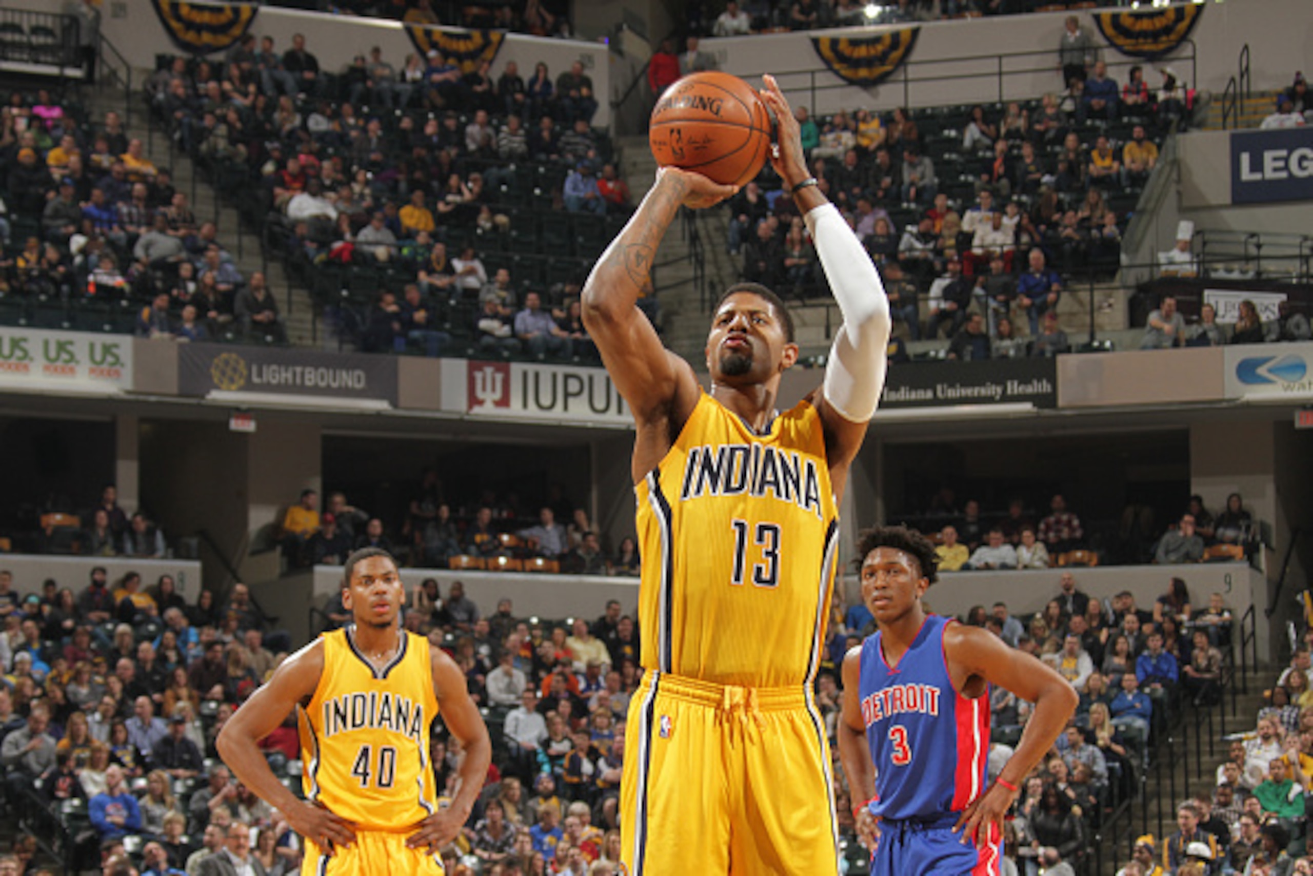 INDIANAPOLIS, IN - FEBRUARY 6:  Paul George #13 of the Indiana Pacers shoots a free throw against the Detroit Pistons on February 6, 2016 at Bankers Life Fieldhouse in Indianapolis, Indiana. NOTE TO USER: User expressly acknowledges and agrees that, by do