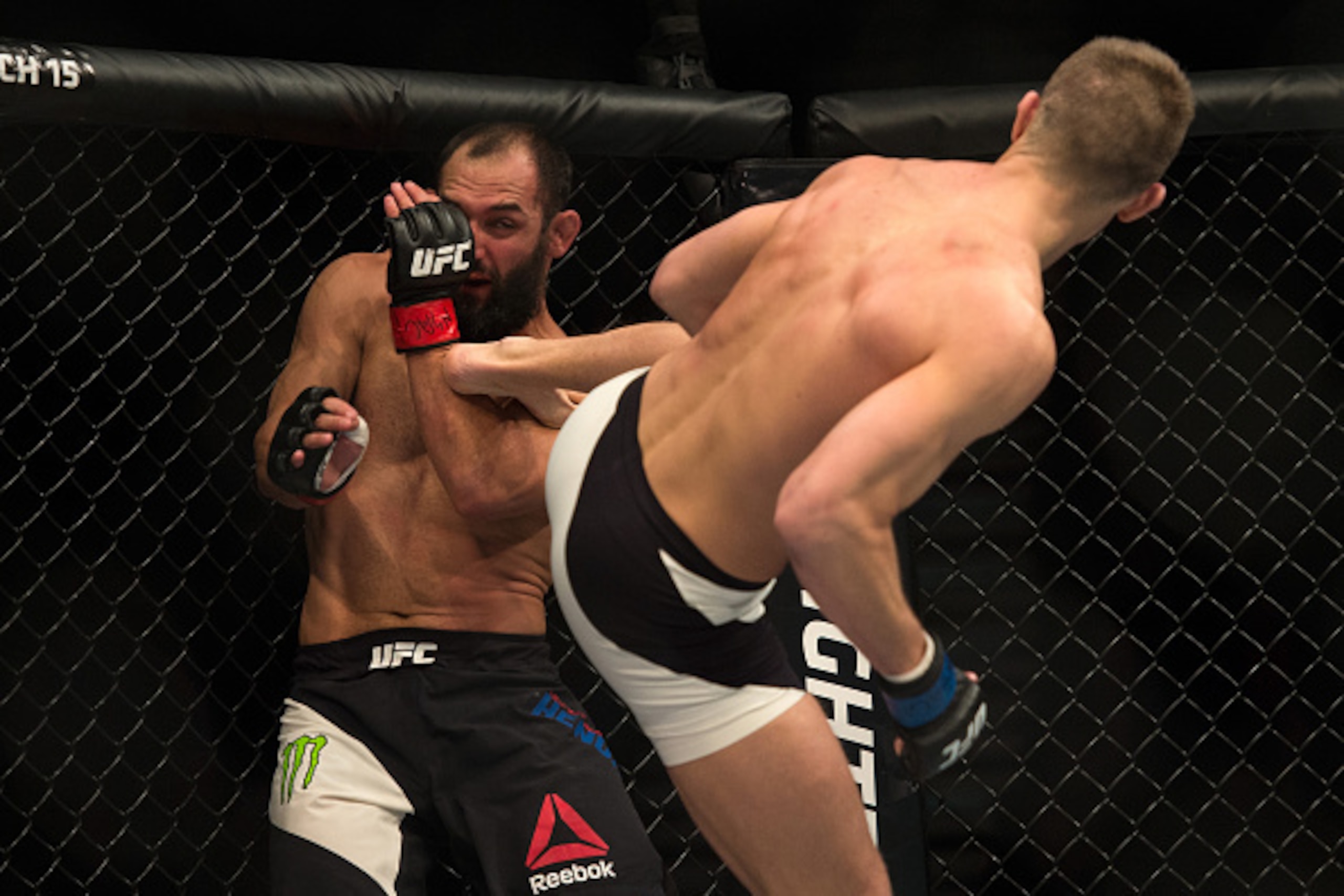 LAS VEGAS, NEVADA - FEBRUARY 06:   (R-L) Stephen Thompson kicks Johny Hendricks in their welterweight bout during the UFC Fight Night Las Vegas: Hendricks vs Thompson event inside MGM Grand Garden Arena on February 6, 2016 in Las Vegas Nevada. (Photo by B