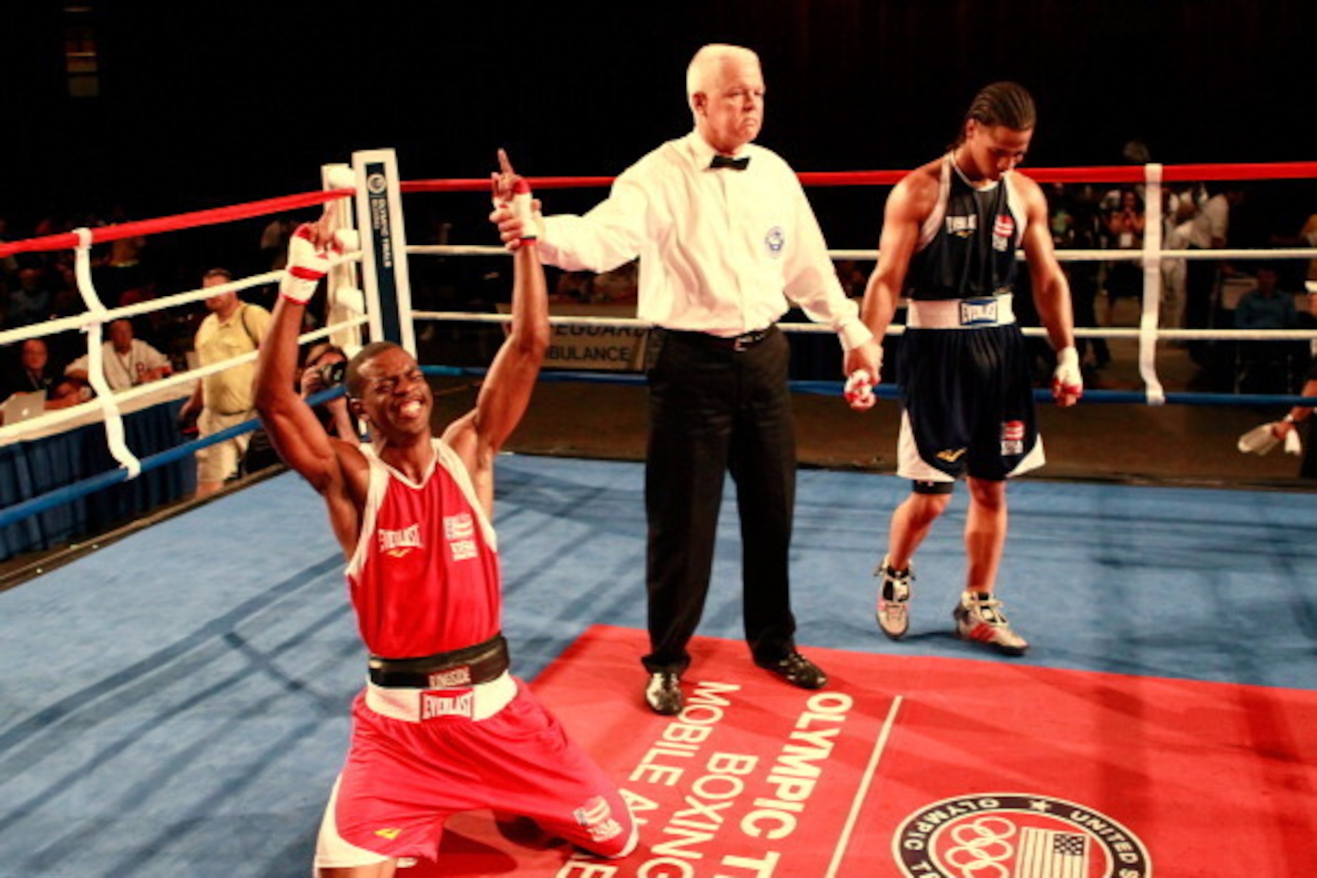 MOBILE, AL - AUGUST 05:  Jamel Herring (red) reacts after defeating Pedro Sosa (blue) in a decision during the 2012 U.S. Men's Boxing Olympic Team Trials at the Mobile Civic Center on August 5, 2011 in Mobile, Alabama.  (Photo by Kevin C. Cox/Getty Images