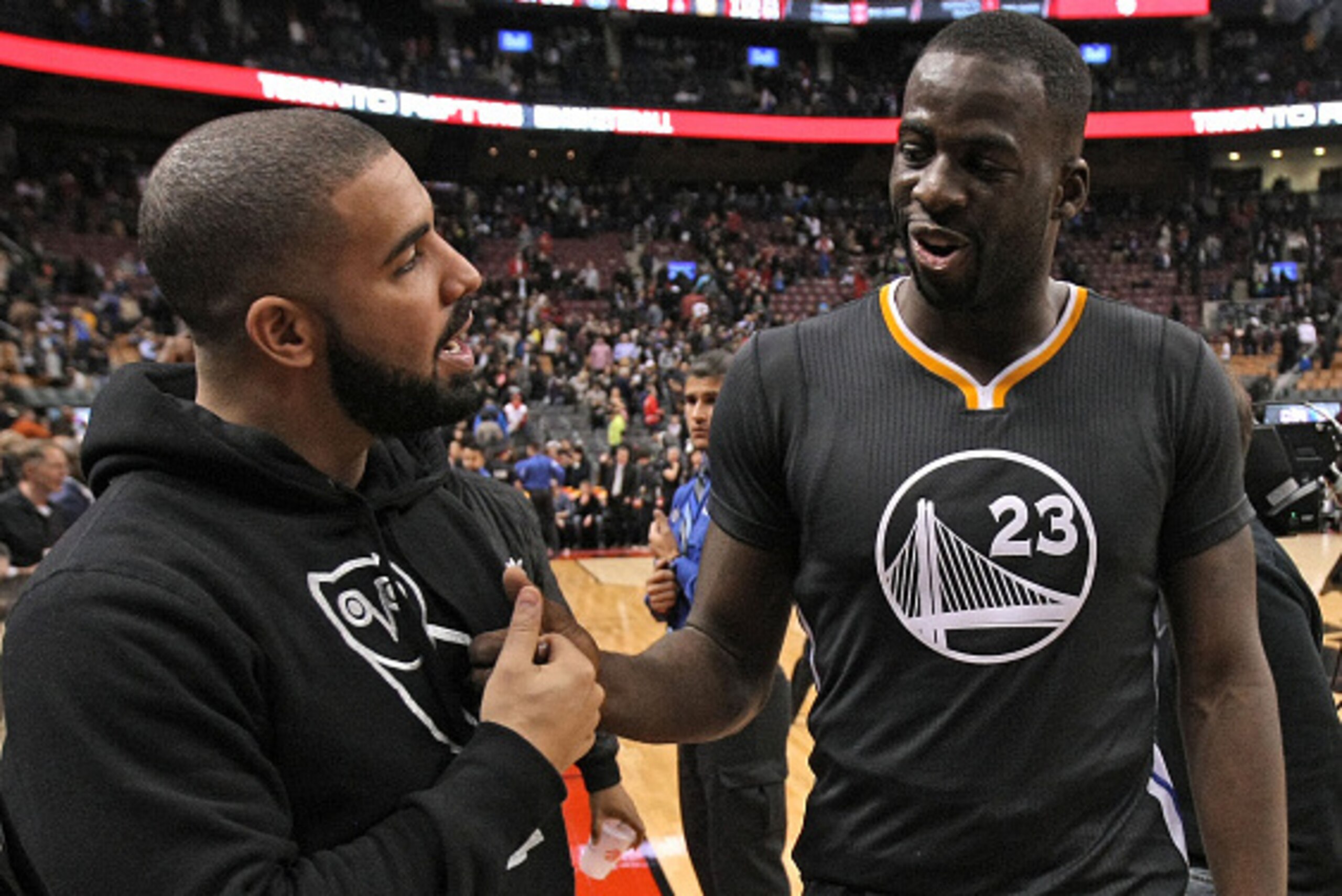 TORONTO, ON - DECEMBER 5:  Drake and Draymond Green #23 of the Golden State Warriors after the game against the Toronto Raptors on December 5, 2015 at Air Canada Centre in Toronto, Ontario, Canada. NOTE TO USER: User expressly acknowledges and agrees that