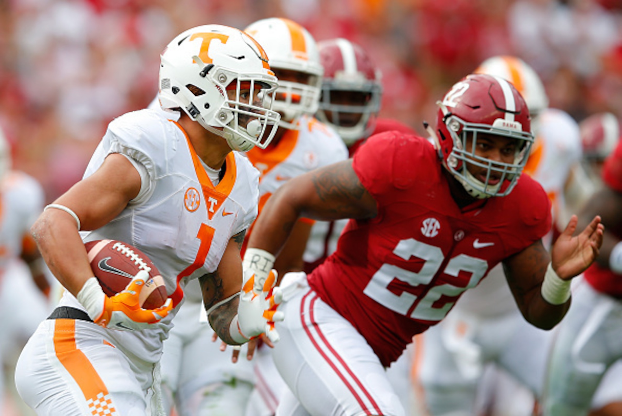 TUSCALOOSA, AL - OCTOBER 24:  Jalen Hurd #1 of the Tennessee Volunteers rushes against Ryan Anderson #22 of the Alabama Crimson Tide at Bryant-Denny Stadium on October 24, 2015 in Tuscaloosa, Alabama.  (Photo by Kevin C. Cox/Getty Images)