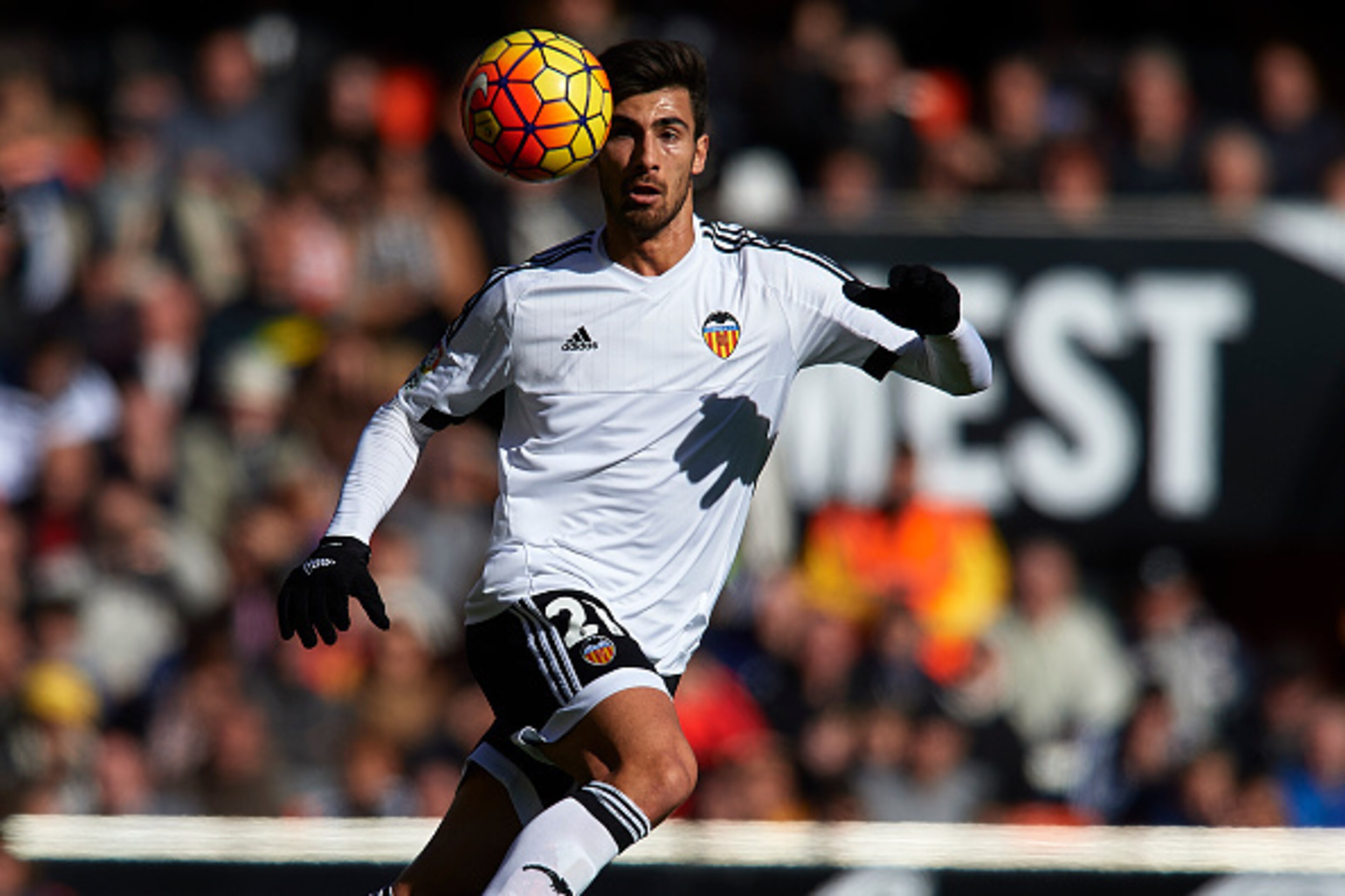VALENCIA, SPAIN - JANUARY 17:  Andre Gomes of Valencia in action during the La Liga match between Valencia CF and Rayo Vallecano at Estadi de Mestalla on January 17, 2016 in Valencia, Spain.  (Photo by Manuel Queimadelos Alonso/Getty Images)