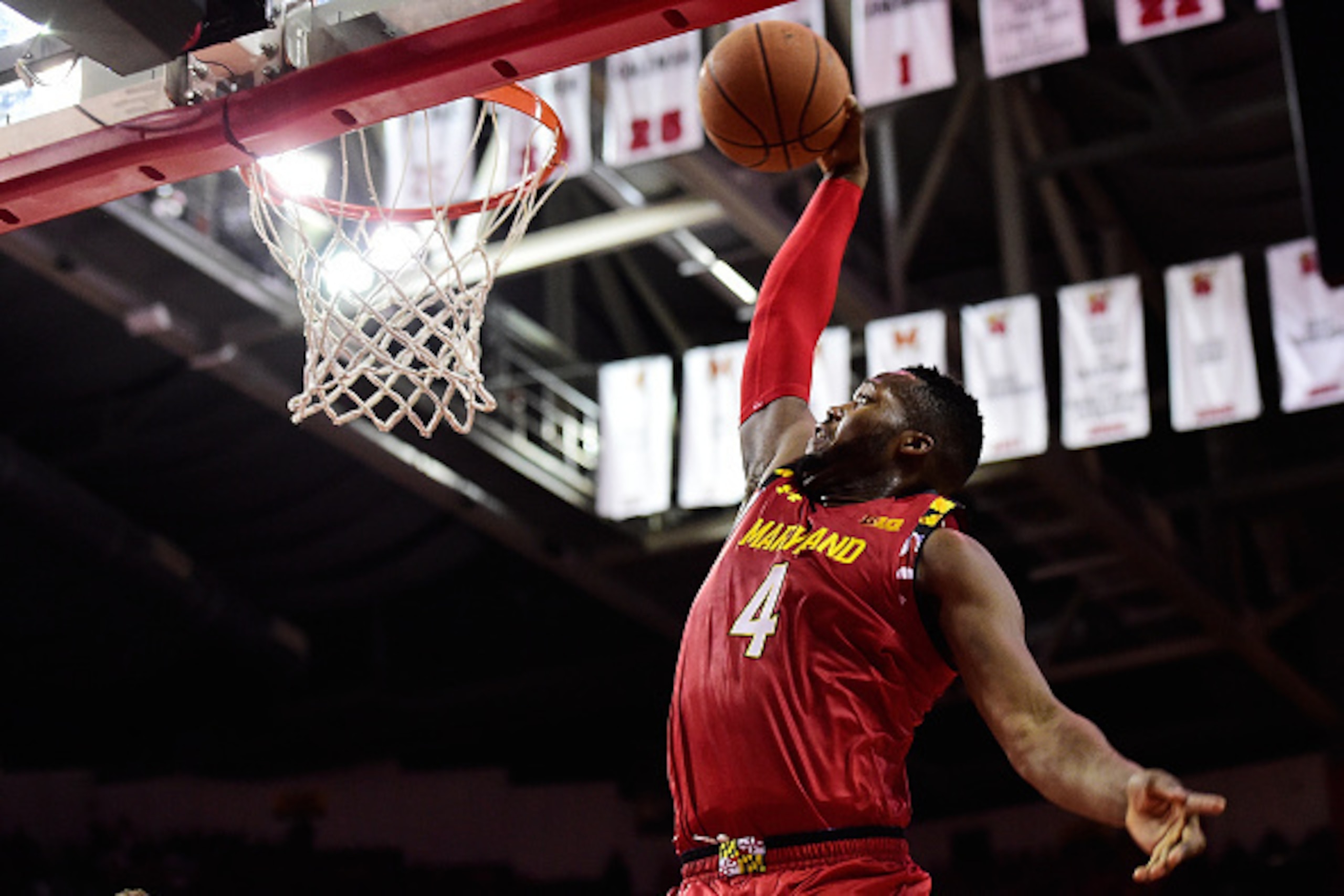 COLLEGE PARK, MD - FEBRUARY 06:  Robert Carter #4 of the Maryland Terrapins dunks in the second half during their game against the Purdue Boilermakers at Xfinity Center on February 6, 2016 in College Park, Maryland. The Maryland Terrapins defeated the Pur