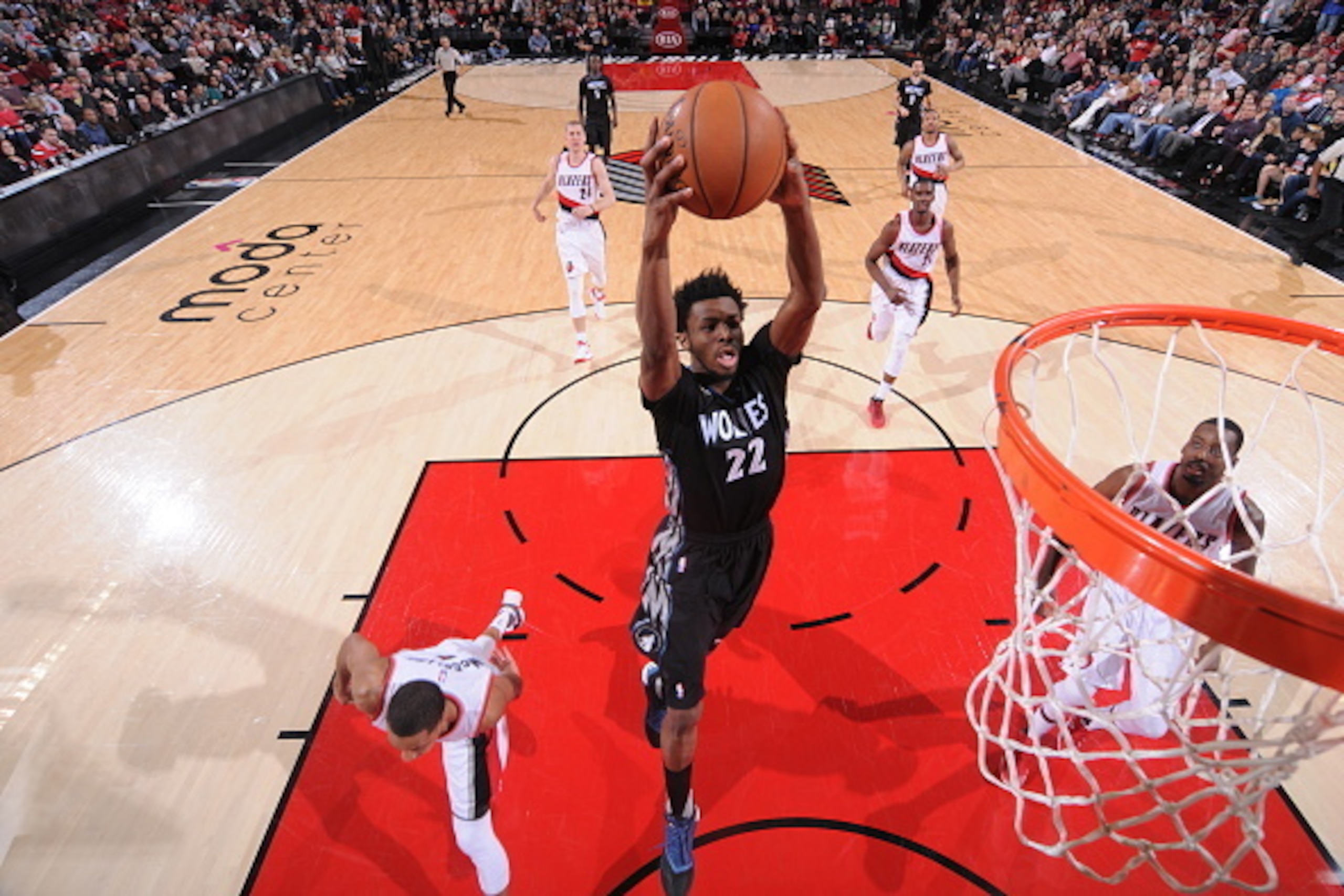 PORTLAND, OR - JANUARY 31:  Andrew Wiggins #22 of the Minnesota Timberwolves goes to the basket against the Portland Trail Blazers on January 31, 2016 at the Moda Center in Portland, Oregon. NOTE TO USER: User expressly acknowledges and agrees that, by do