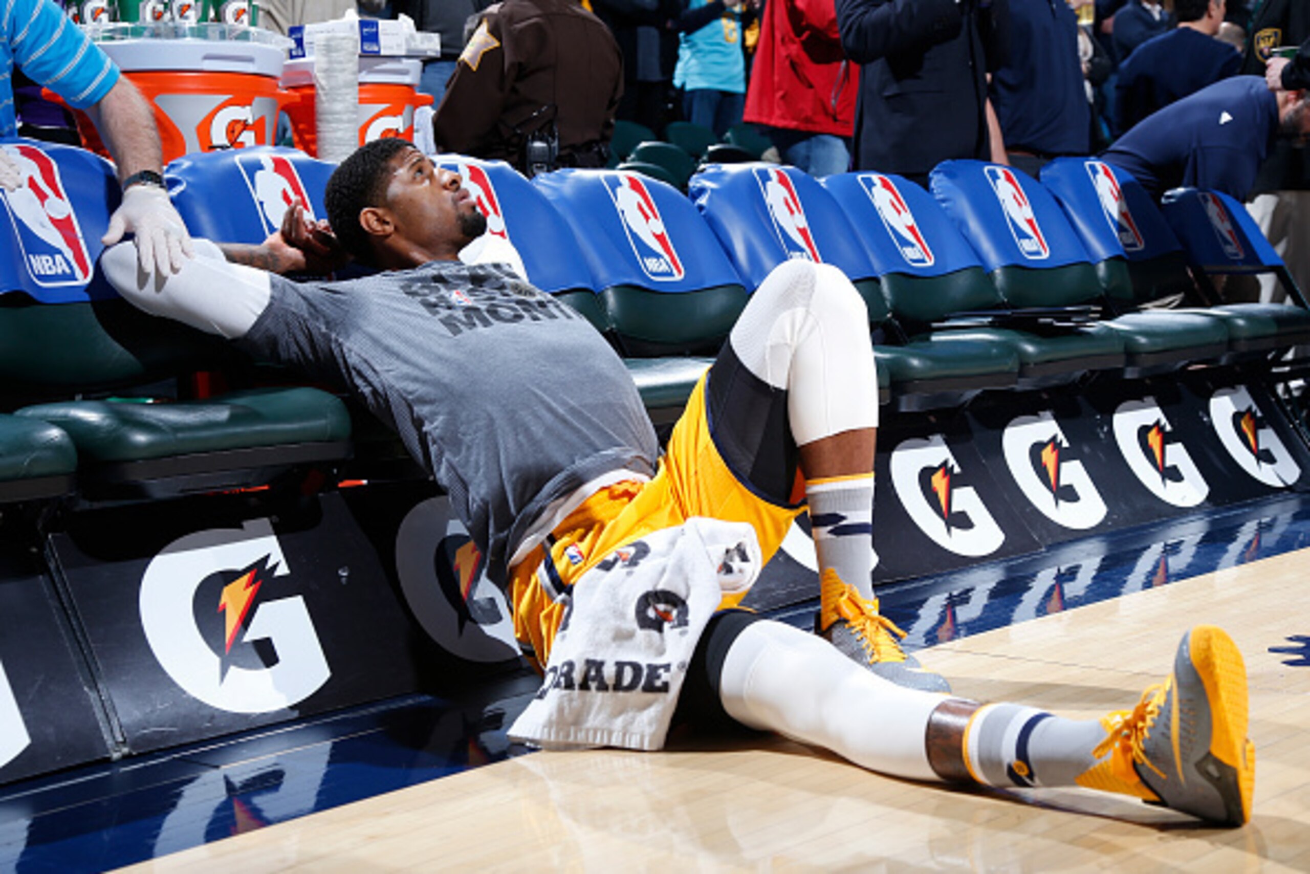 INDIANAPOLIS, IN - FEBRUARY 8: Paul George #13 of the Indiana Pacers looks on before the game against the Los Angeles Lakers at Bankers Life Fieldhouse on February 8, 2016 in Indianapolis, Indiana. NOTE TO USER: User expressly acknowledges and agrees that