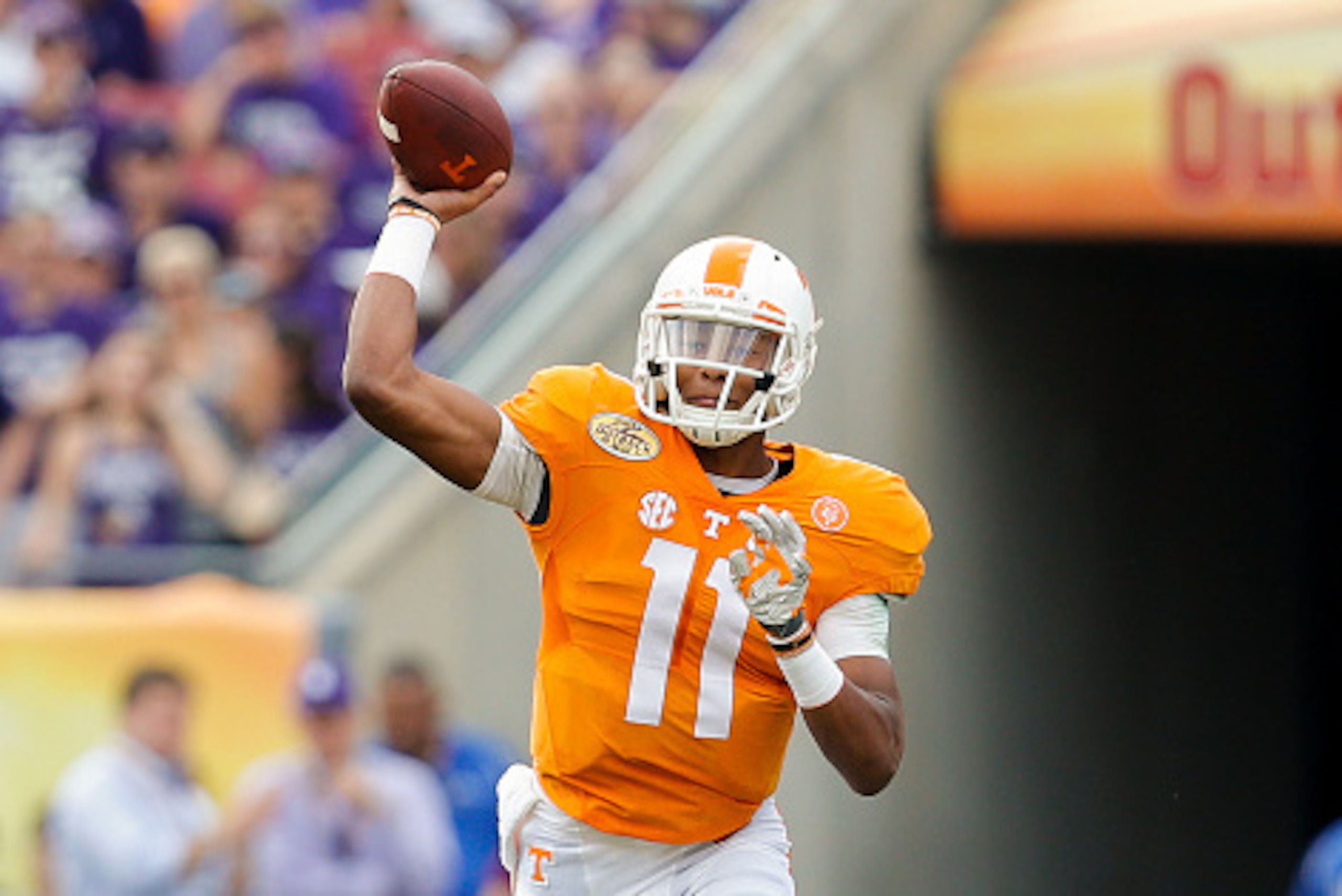 TAMPA, FL - JANUARY 1: Joshua Dobbs #11 of the Tennessee Volunteers during the Outback Bowl against the Northwestern Wildcats at Raymond James Stadium on January 1, 2016 in Tampa, Florida. (Photo by Mike Carlson/Getty Images) TAMPA, FL - JANUARY 1: Joshua Dobbs #11 of the Tennessee Volunteers during the Outback Bowl against the Northwestern Wildcats at Raymond James Stadium on January 1, 2016 in Tampa, Florida. (Photo by Mike Carlson/Getty Images)