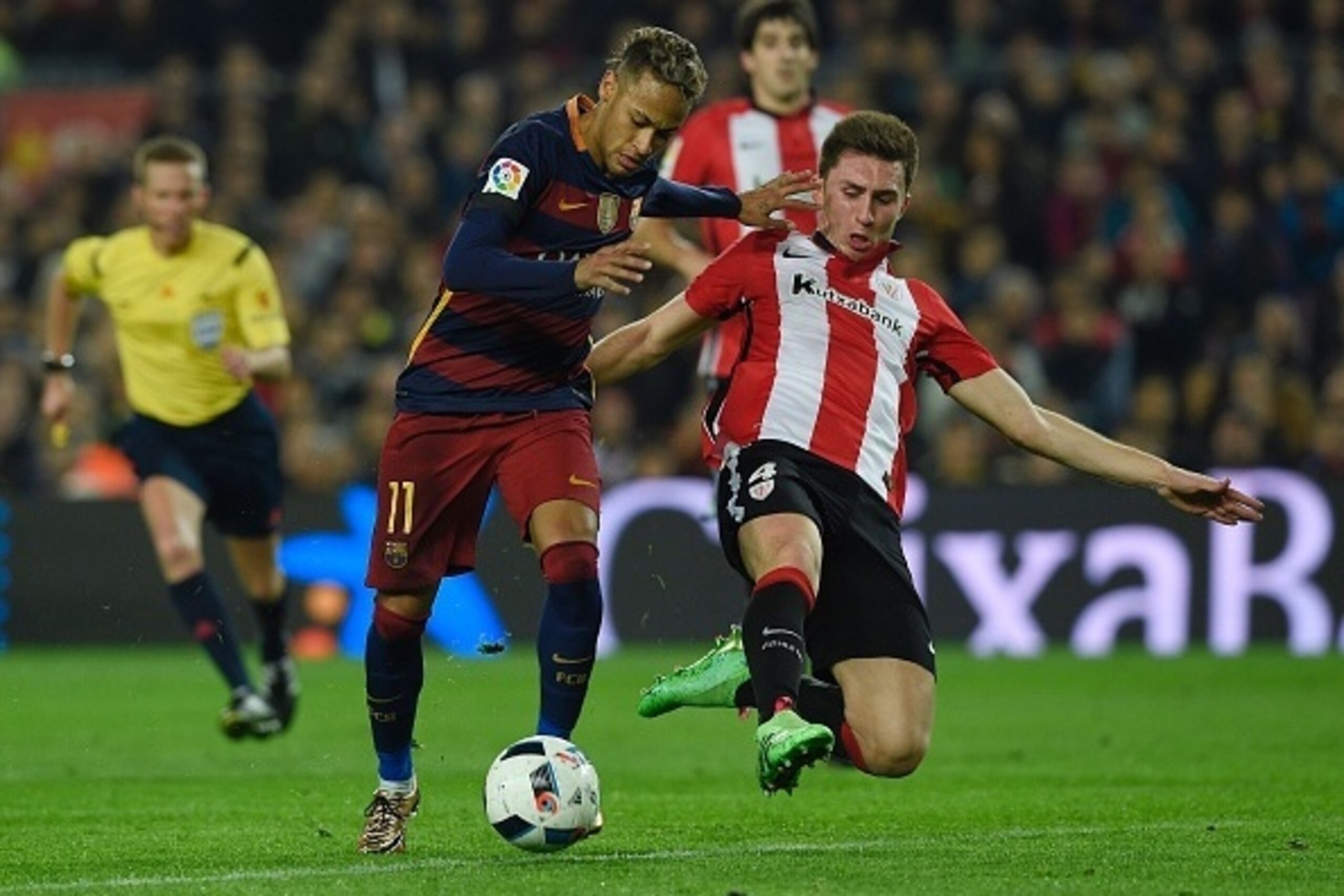 Barcelona's Brazilian forward Neymar (L) vies with Athletic Bilbao's French defender Aymeric Laporte (R) during the Spanish Copa del Rey (King's Cup) quarter-finals second leg football match FC Barcelona vs Athletic Club de Bilbao at Camp Nou stadium in B Barcelona's Brazilian forward Neymar (L) vies with Athletic Bilbao's French defender Aymeric Laporte (R) during the Spanish Copa del Rey (King's Cup) quarter-finals second leg football match FC Barcelona vs Athletic Club de Bilbao at Camp Nou stadium in B