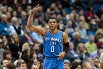 Jan 27, 2016; Minneapolis, MN, USA; Oklahoma City Thunder guard Russell Westbrook (0) celebrates a basket in the fourth quarter against the Minnesota Timberwolves at Target Center. The Oklahoma City Thunder beat the Minnesota Timberwolves 126-123. Mandato