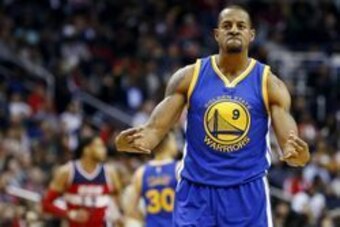 Feb 3, 2016; Washington, DC, USA; Golden State Warriors forward Andre Iguodala (9) gestures on the court against the Washington Wizards in the fourth quarter at Verizon Center. The Warriors won 134-121. Mandatory Credit: Geoff Burke-USA TODAY Sports