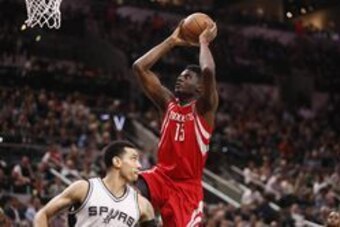 Jan 27, 2016; San Antonio, TX, USA; Houston Rockets power forward Clint Capela (15) goes up for a dunk against the San Antonio Spurs during the second half at AT&T Center. Mandatory Credit: Soobum Im-USA TODAY Sports