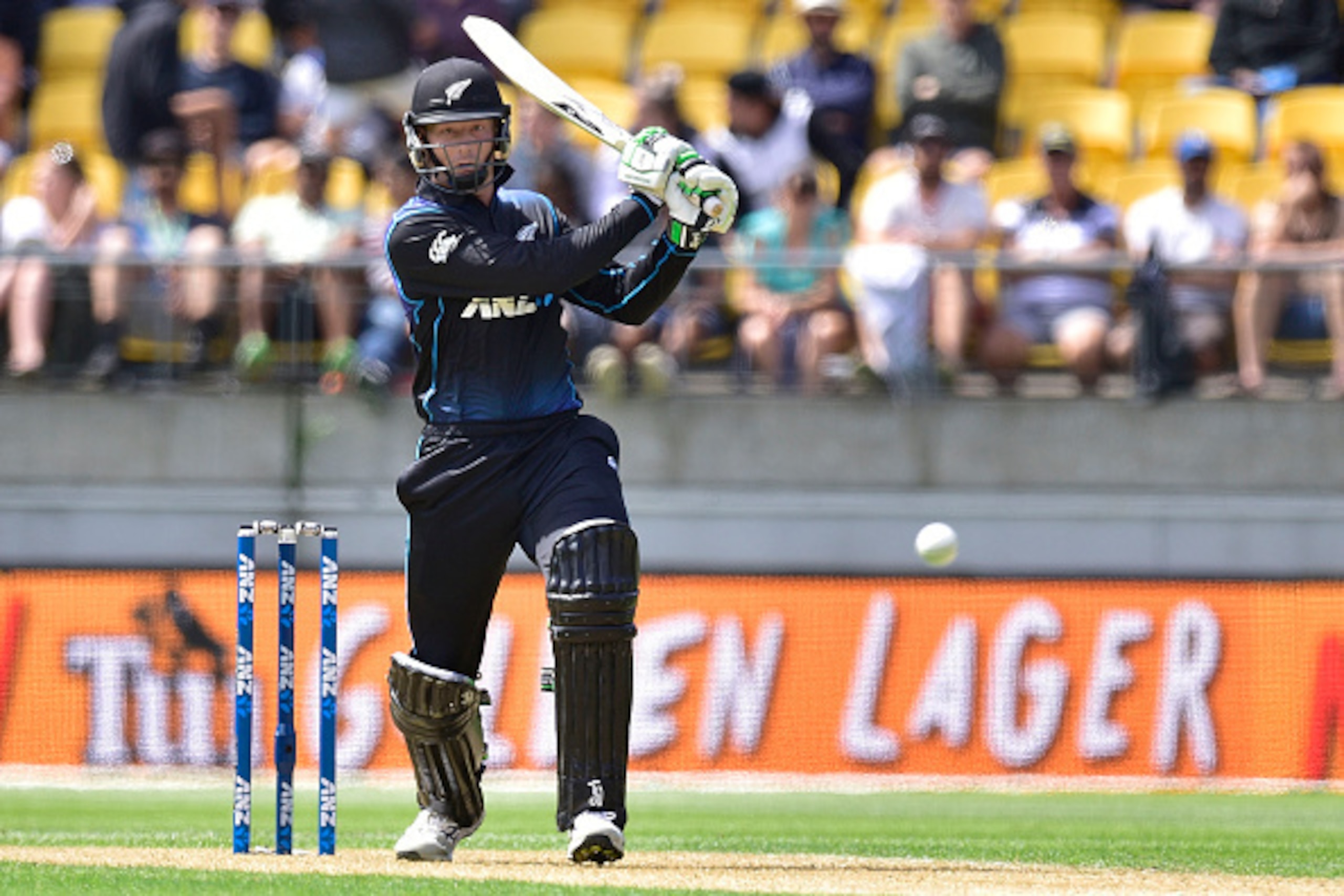 Martin Guptill of New Zealand plays a shot during the 2nd one-day international cricket match between New Zealand and Australia at Westpac Stadium in Wellington on February 6, 2016.   AFP PHOTO / MARTY MELVILLE / AFP / Marty Melville        (Photo credit 