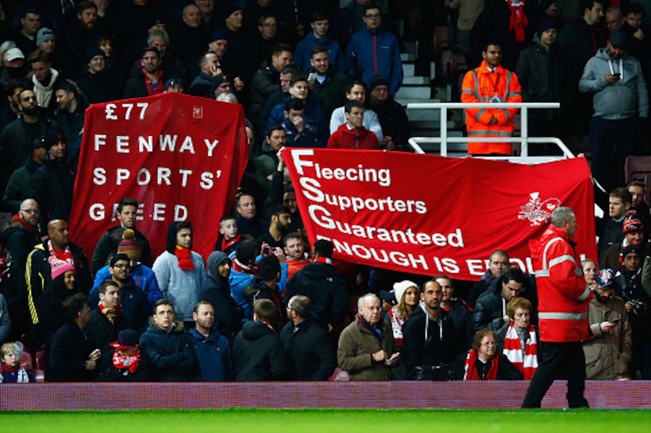 LONDON, ENGLAND - FEBRUARY 09: Liverpool fans protest against high ticket prices during the Emirates FA Cup Fourth Round Replay match between West Ham United and Liverpool at Boleyn Ground on February 9, 2016 in London, England. (Photo by Clive Rose/Get LONDON, ENGLAND - FEBRUARY 09: Liverpool fans protest against high ticket prices during the Emirates FA Cup Fourth Round Replay match between West Ham United and Liverpool at Boleyn Ground on February 9, 2016 in London, England. (Photo by Clive Rose/Get