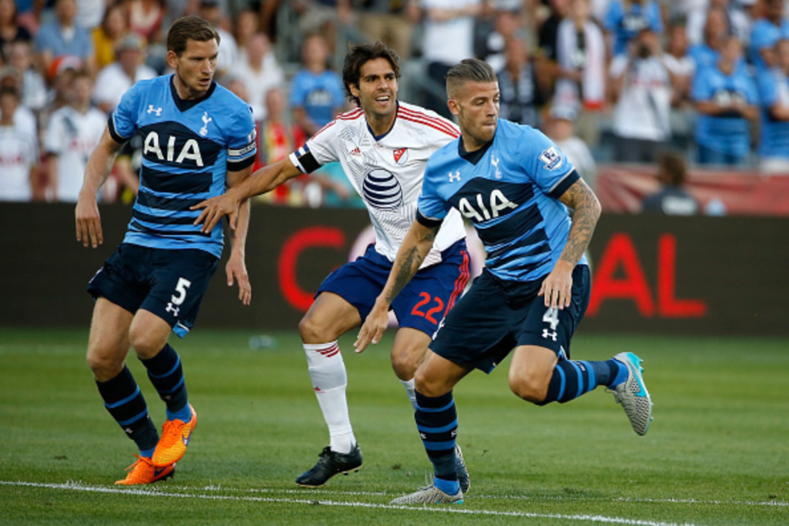 COMMERCE CITY, CO - JULY 29: Kaka #22 of MLS All-Stars pursues the bal with Jan Vertonghen #5 and Toby Alderweireld #4 of Tottenham Hotspur 2015 AT&T Major League Soccer All-Star game at Dick's Sporting Goods Park on July 29, 2015 in Commerce City, Color COMMERCE CITY, CO - JULY 29: Kaka #22 of MLS All-Stars pursues the bal with Jan Vertonghen #5 and Toby Alderweireld #4 of Tottenham Hotspur 2015 AT&T Major League Soccer All-Star game at Dick's Sporting Goods Park on July 29, 2015 in Commerce City, Color