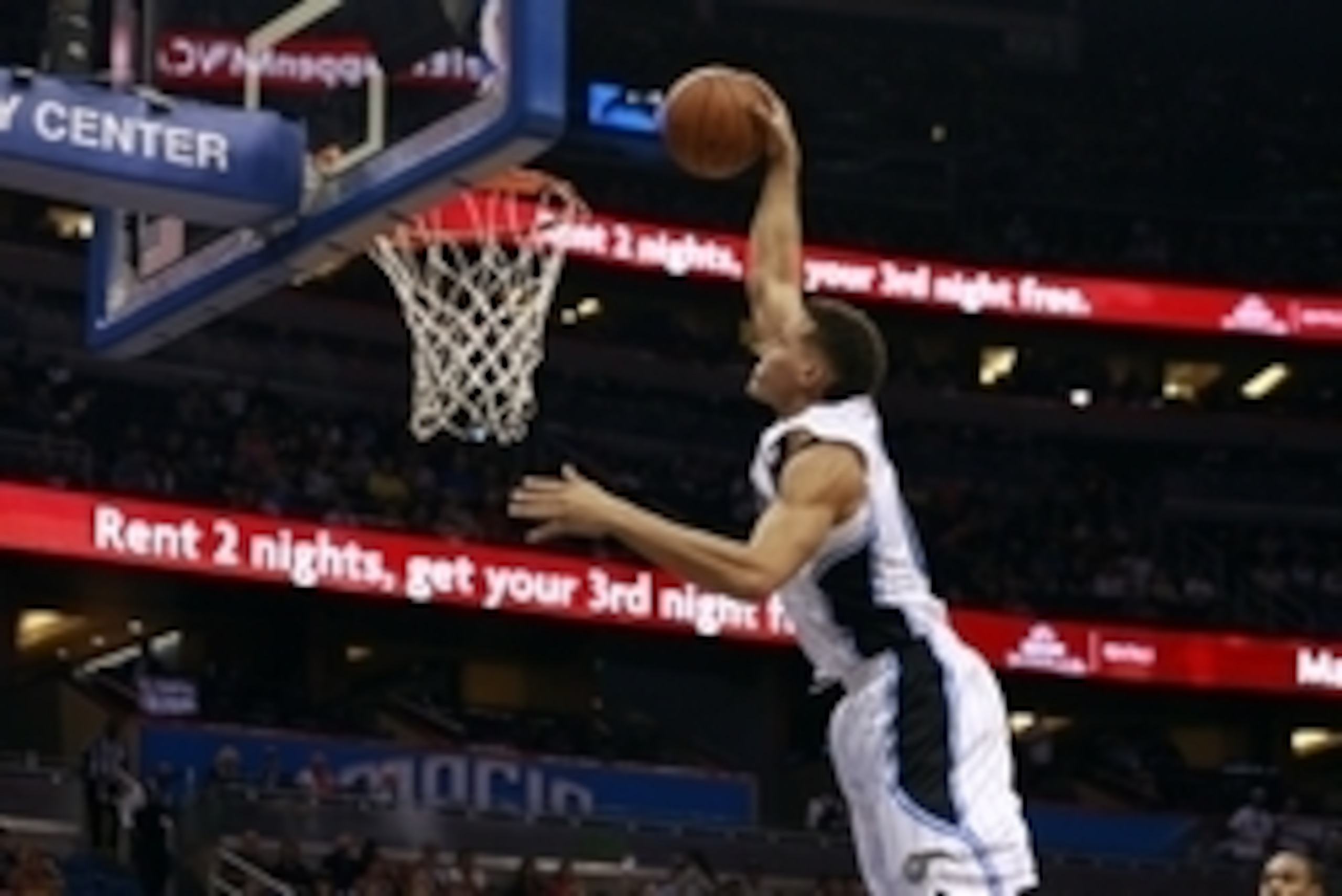 Oct 13, 2015; Orlando, FL, USA; Orlando Magic forward Aaron Gordon (00) dunks against the Miami Heat during the second half at Amway Center. Orlando Magic defeated the Miami Heat 95-92 in overtime. Mandatory Credit: Kim Klement-USA TODAY Sports