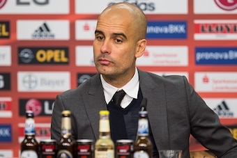 coach Pep Guardiola of Bayern Munich during the Bundesliga match between Bayer 04 Leverkusen and FC Bayern Munich on February 6, 2016 at the BayArena in Leverkusen, Germany.(Photo by VI Images via Getty Images)