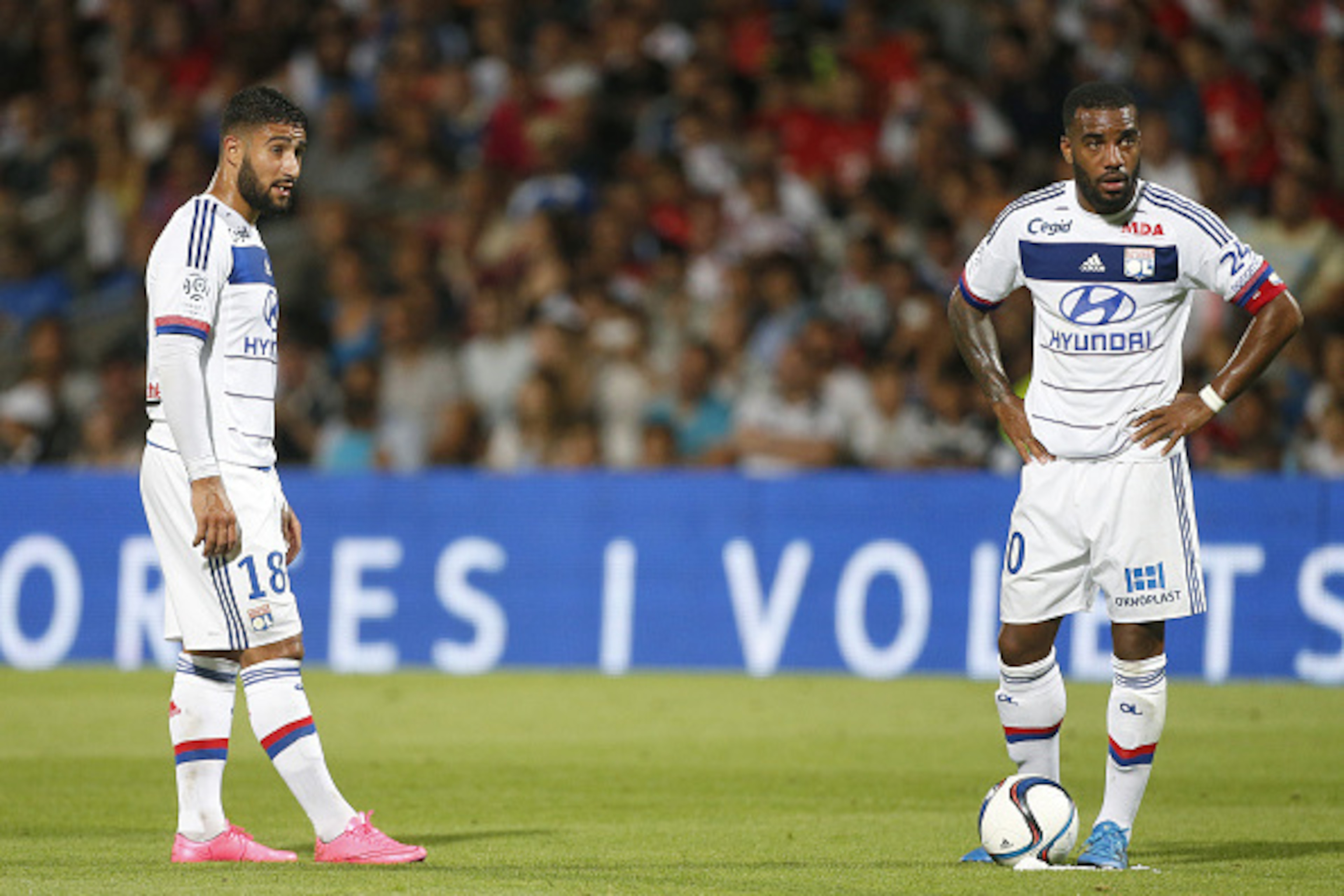 LYON, FRANCE - AUGUST 9: Nabil Fekir of Lyon and Alexandre Lacazette of Lyon in action during the French Ligue 1 match between Olympique Lyonnais (OL) and FC Lorient at Stade de Gerland on August 9, 2015 in Lyon, France. (Photo by Jean Catuffe/Getty Image
