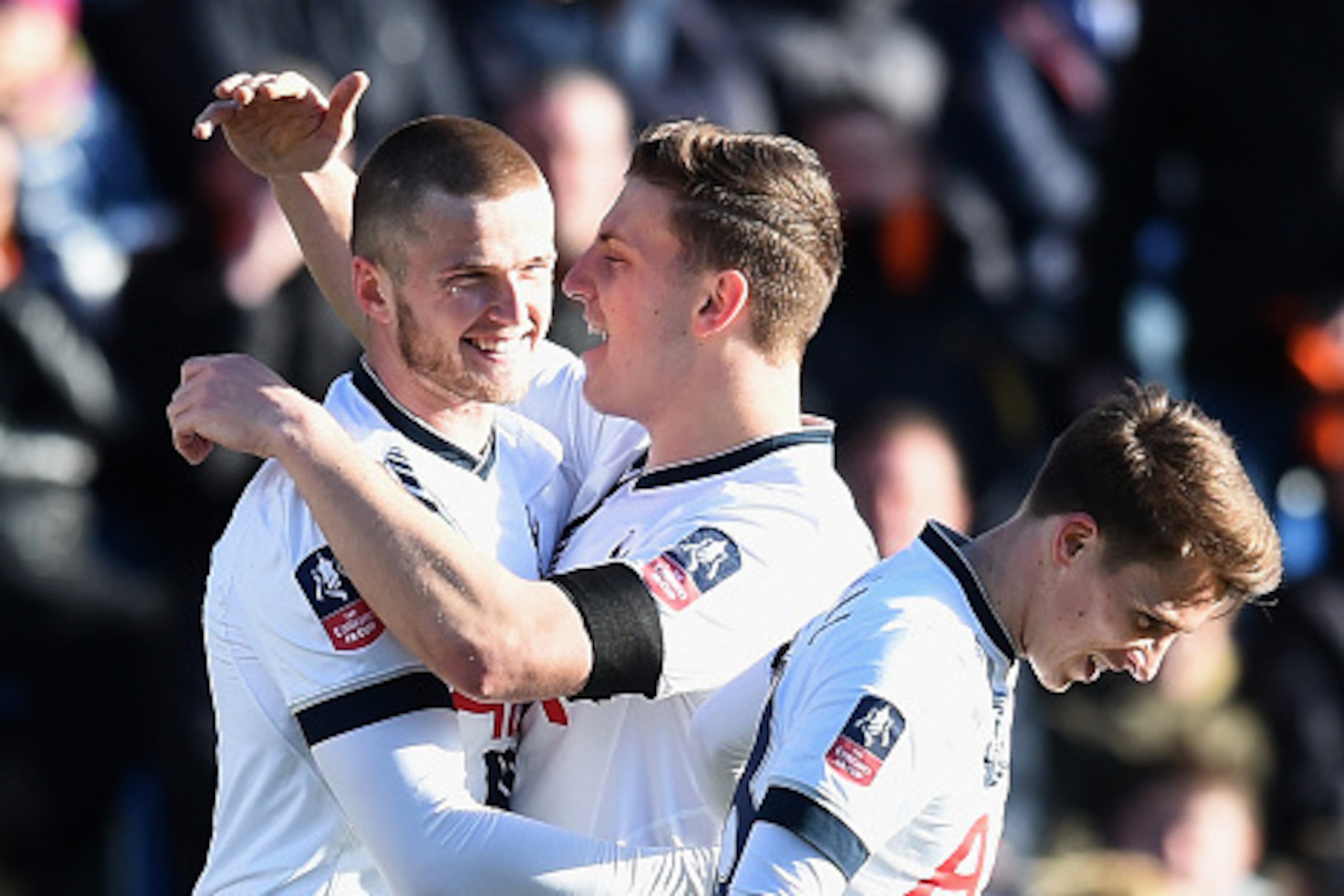 COLCHESTER, ENGLAND - JANUARY 30: Eric Dier (L) of Tottenham Hotspur celebrates scoring his team's second goal with his team mates Kevin Wimmer (C) and Tom Carroll (R) during the Emirates FA Cup Fourth Round match between Colchester United and Tottenham COLCHESTER, ENGLAND - JANUARY 30: Eric Dier (L) of Tottenham Hotspur celebrates scoring his team's second goal with his team mates Kevin Wimmer (C) and Tom Carroll (R) during the Emirates FA Cup Fourth Round match between Colchester United and Tottenham