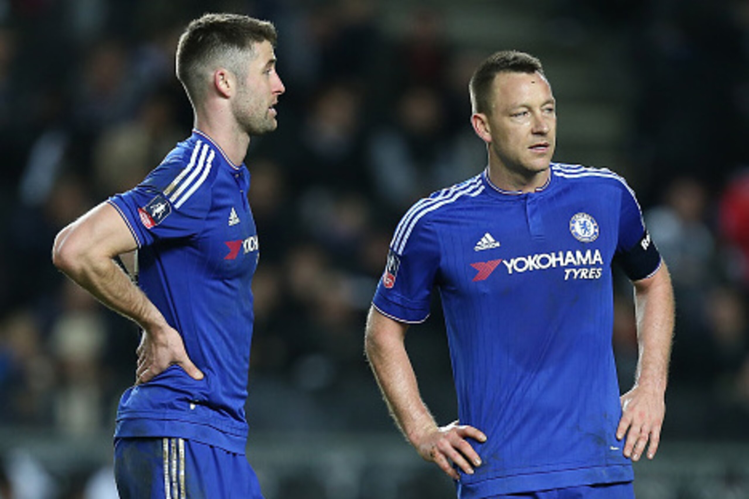 MILTON KEYNES, ENGLAND - JANUARY 31:  John Terry (r) and Gary Cahill of Chelsea look on during The Emirates FA Cup Fourth Round match between Milton Keynes Dons and Chelsea at Stadium mk on January 31, 2016 in Milton Keynes, England.  (Photo by Pete Norto