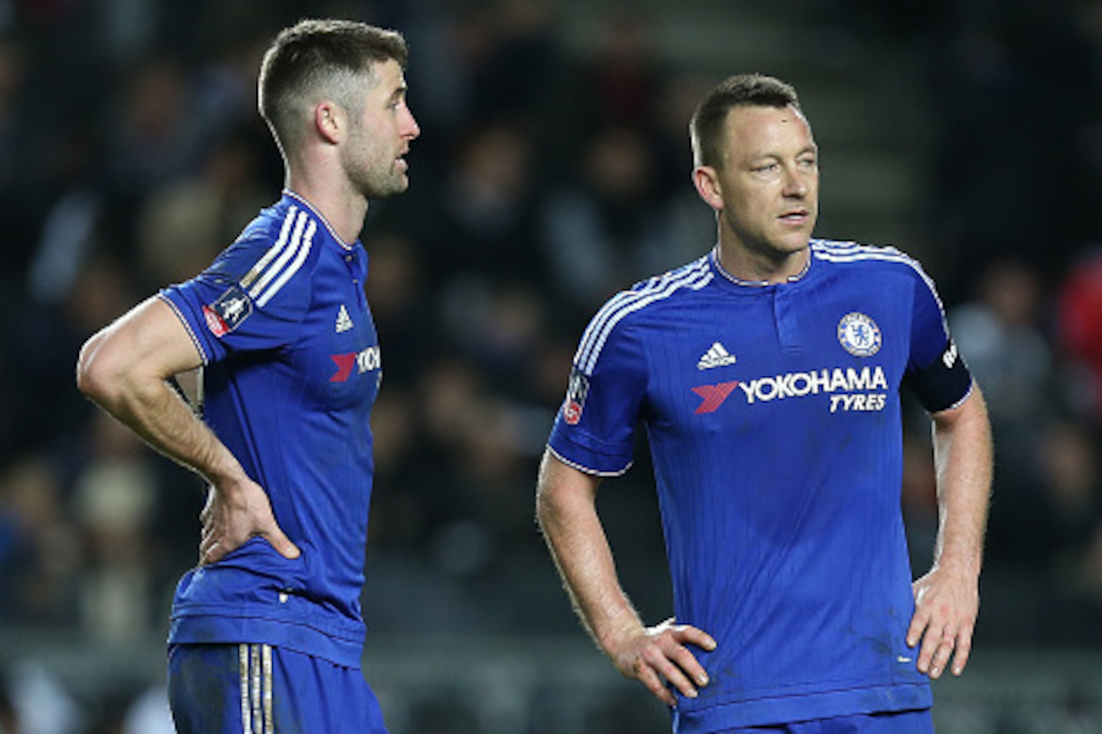 MILTON KEYNES, ENGLAND - JANUARY 31:  John Terry (r) and Gary Cahill of Chelsea look on during The Emirates FA Cup Fourth Round match between Milton Keynes Dons and Chelsea at Stadium mk on January 31, 2016 in Milton Keynes, England.  (Photo by Pete Norto
