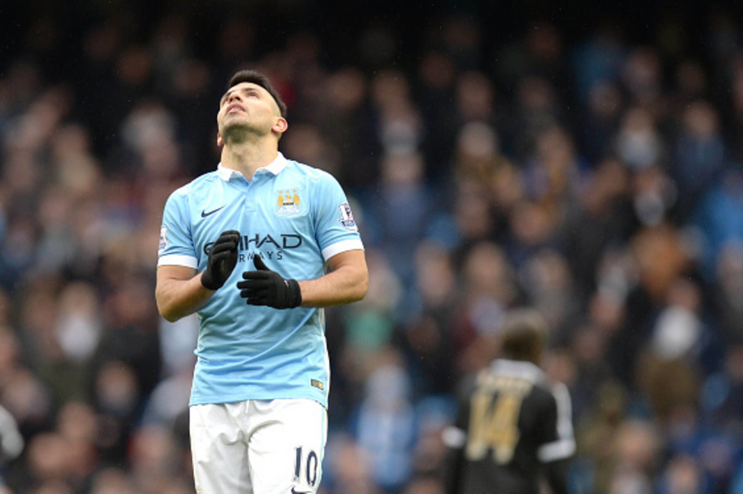 Manchester City's Argentinian striker Sergio Aguero reacts during the English Premier League football match between Manchester City and Leicester City at the Etihad Stadium in Manchester, north west England, on February 6, 2016.
Leicester won the match 3 Manchester City's Argentinian striker Sergio Aguero reacts during the English Premier League football match between Manchester City and Leicester City at the Etihad Stadium in Manchester, north west England, on February 6, 2016.
Leicester won the match 3
