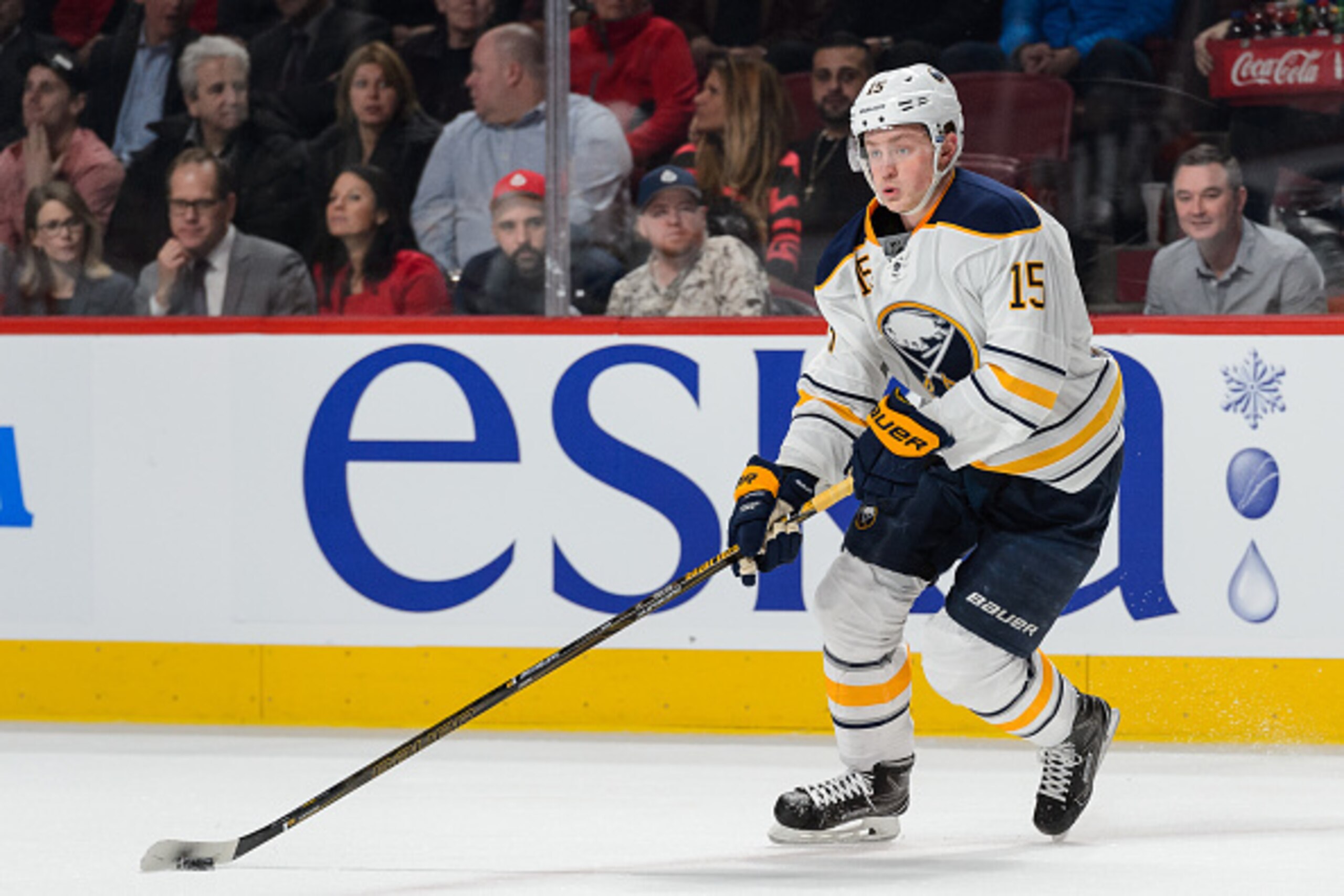 MONTREAL, QC - FEBRUARY 03:  Jack Eichel #15 of the Buffalo Sabres skates the puck during the NHL game against the Montreal Canadiens at the Bell Centre on February 3, 2016 in Montreal, Quebec, Canada.  The Buffalo Sabres defeated the Montreal Canadiens 4