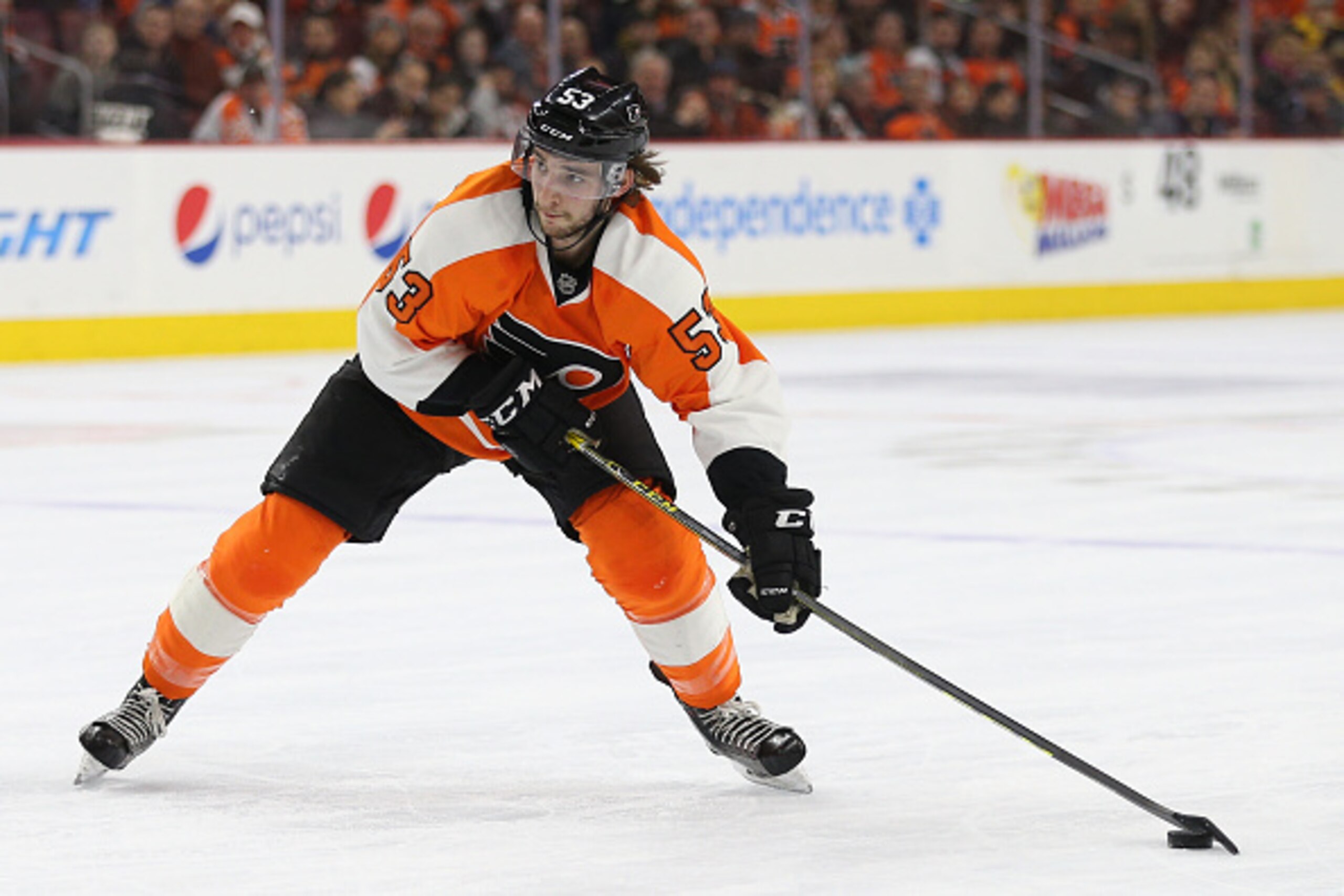 PHILADELPHIA, PA - JANUARY 25: Shayne Gostisbehere #53 of the Philadelphia Flyers in action against the Boston Bruins during the second period at Wells Fargo Center on January 25, 2016 in Philadelphia, Pennsylvania. (Photo by Patrick Smith/Getty Images)