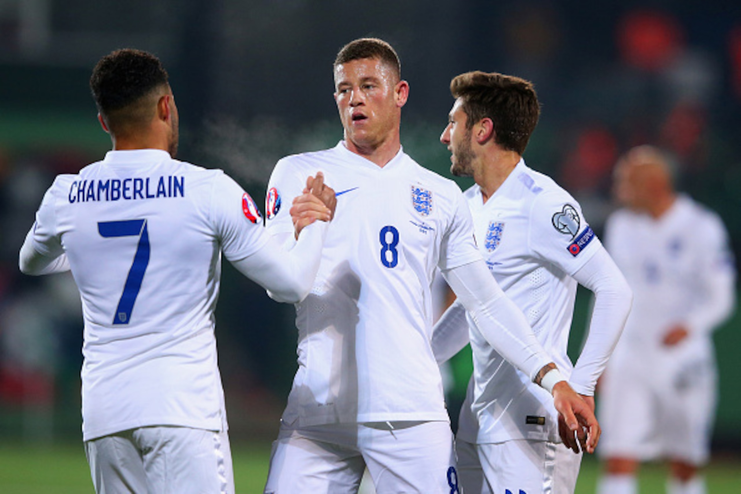KAUNAS, LITHUANIA - OCTOBER 12:  Ross Barkley of England (8) celebrates with Alex Oxlade-Chamberlain as he scores their first goal during the UEFA EURO 2016 qualifying Group E match between Lithuania and England at LFF Stadionas on October 12, 2015 in Kau