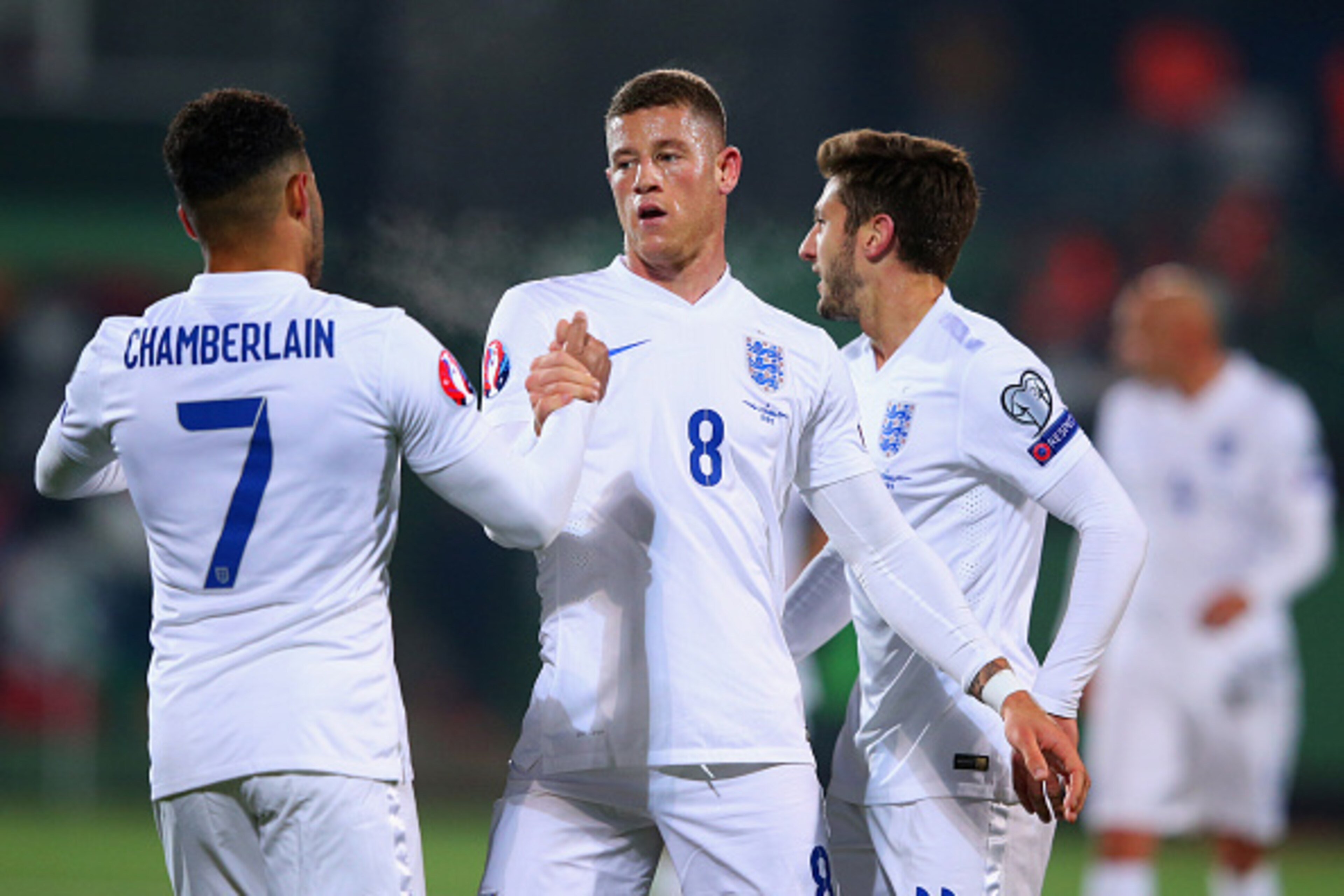 KAUNAS, LITHUANIA - OCTOBER 12:  Ross Barkley of England (8) celebrates with Alex Oxlade-Chamberlain as he scores their first goal during the UEFA EURO 2016 qualifying Group E match between Lithuania and England at LFF Stadionas on October 12, 2015 in Kau