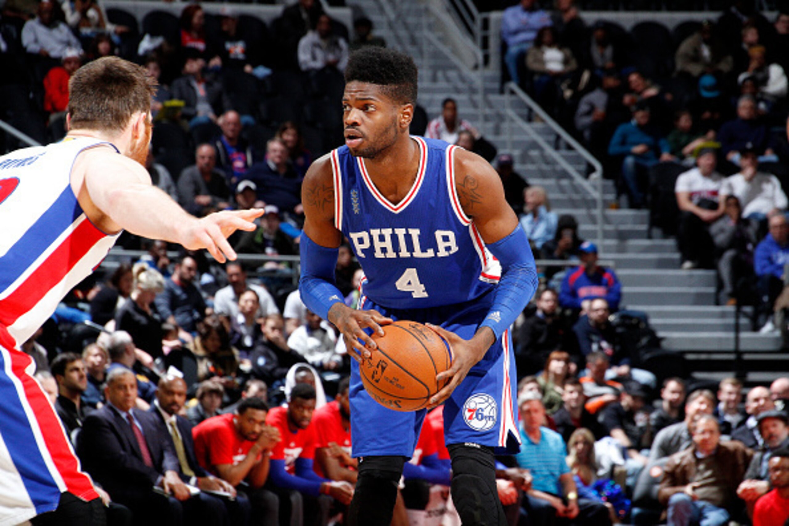 AUBURN HILLS, MI - JANUARY 27: Nerlens Noel #4 of the Philadelphia 76ers handles the ball during the game against the Detroit Pistons on January 27, 2016 at The Palace of Auburn Hills in Auburn Hills, Michigan. NOTE TO USER: User expressly acknowledges an