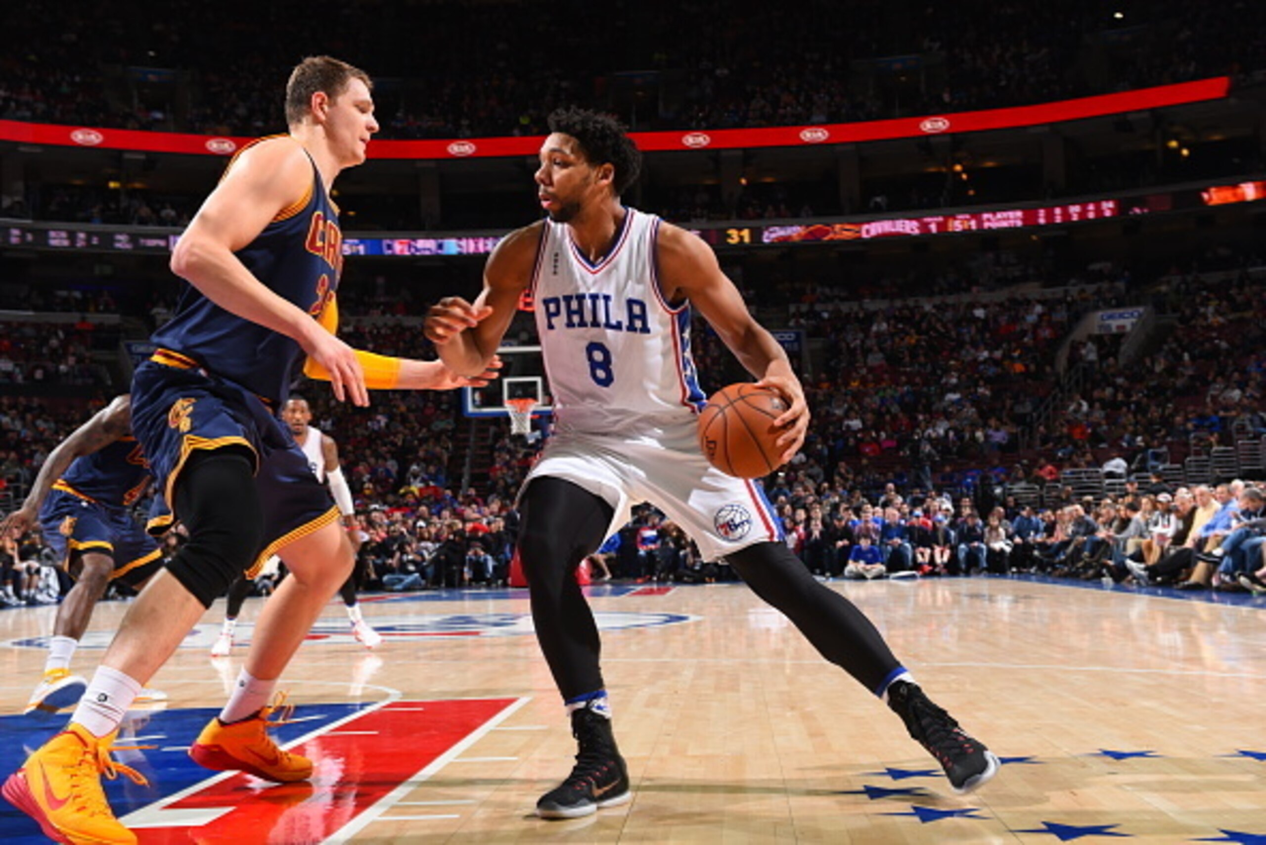 PHILADELPHIA,PA - JANUARY 10: Jahlil Okafor #8 of the Philadelphia 76ers backs down to the basket against the Cleveland Cavaliers at Wells Fargo Center on January 10, 2015 in Philadelphia, Pennsylvania NOTE TO USER: User expressly acknowledges and agrees 
