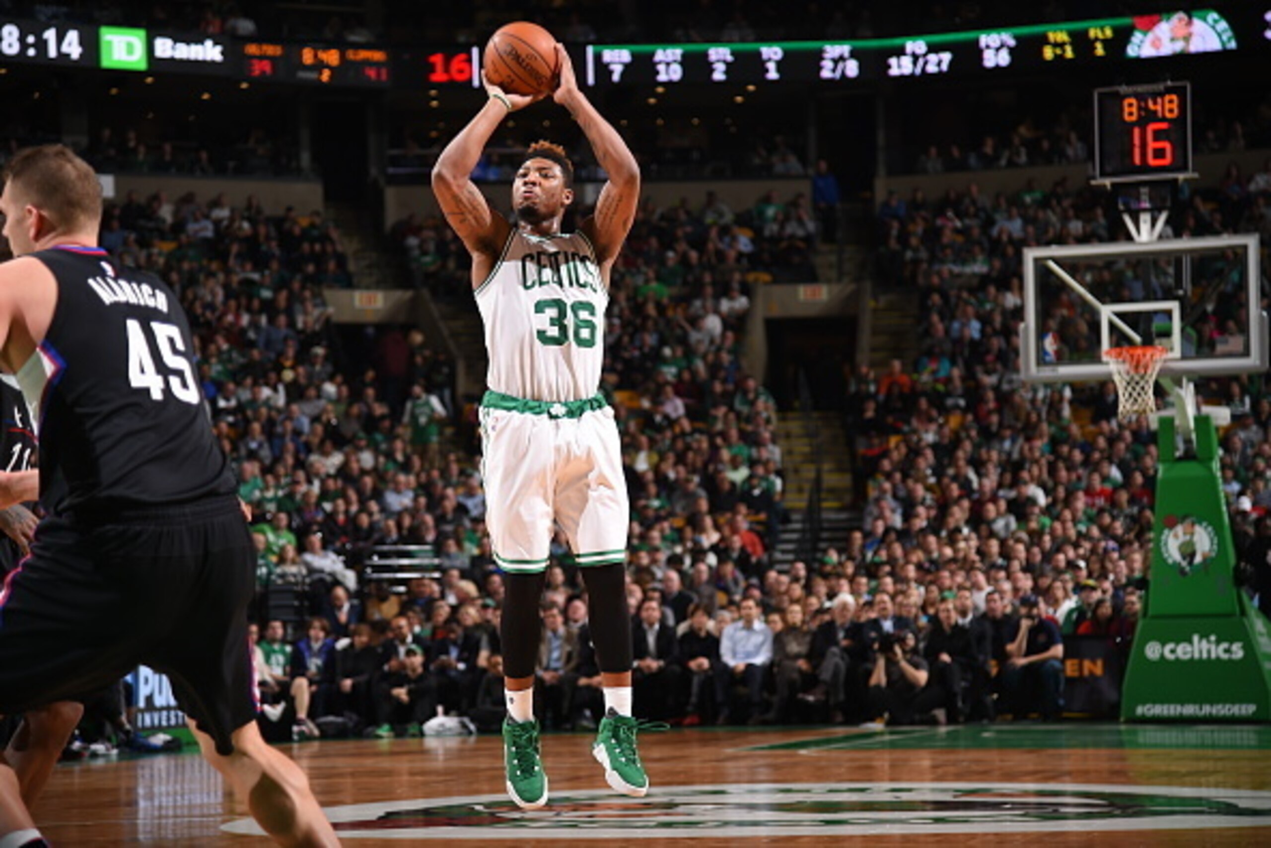 BOSTON, MA - FEBRUARY 10:  Marcus Smart #36 of the Boston Celtics shoots against the Los Angeles Clippers on February 10, 2016 at the TD Garden in Boston, Massachusetts.  NOTE TO USER: User expressly acknowledges and agrees that, by downloading and or usi
