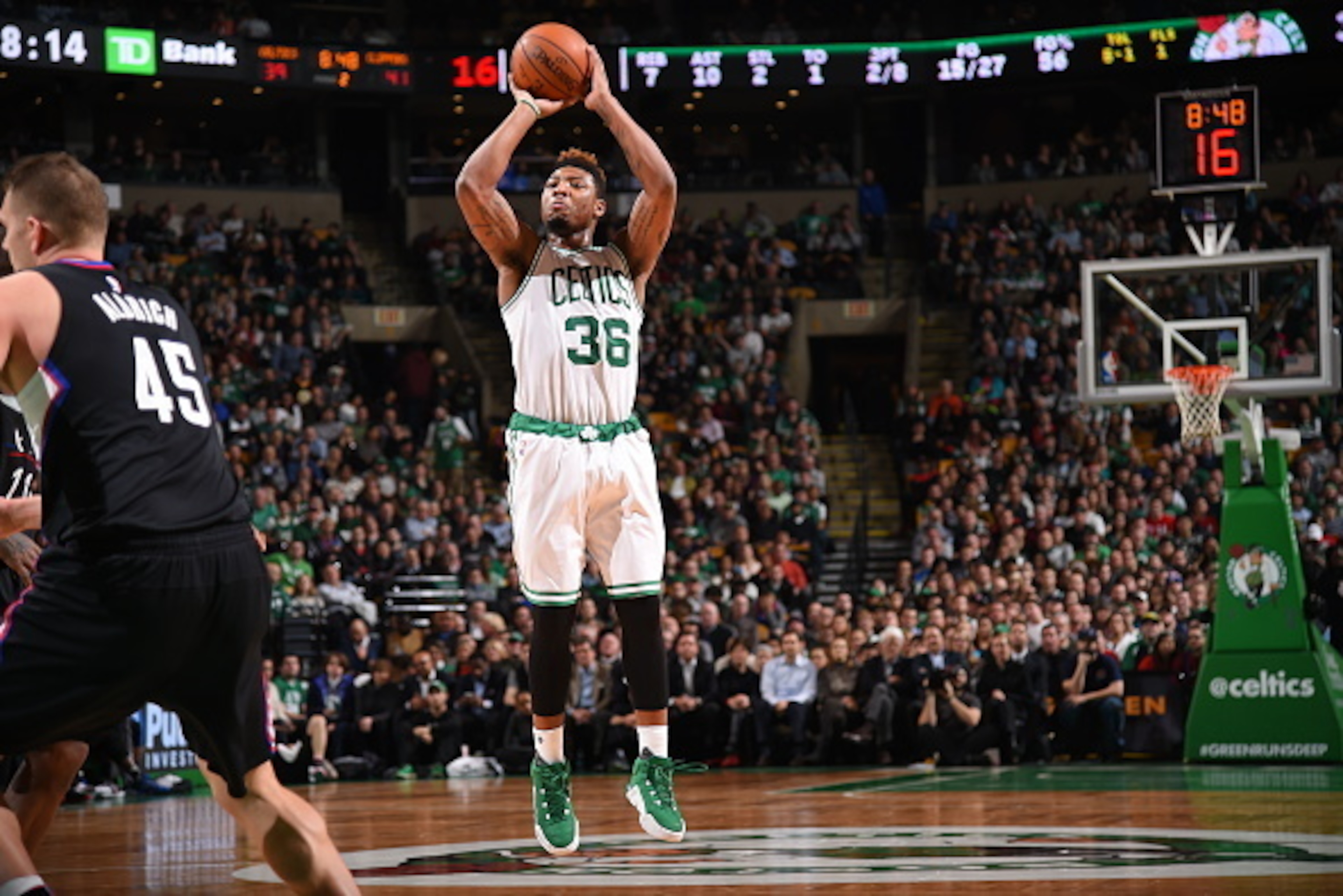 BOSTON, MA - FEBRUARY 10:  Marcus Smart #36 of the Boston Celtics shoots against the Los Angeles Clippers on February 10, 2016 at the TD Garden in Boston, Massachusetts.  NOTE TO USER: User expressly acknowledges and agrees that, by downloading and or usi