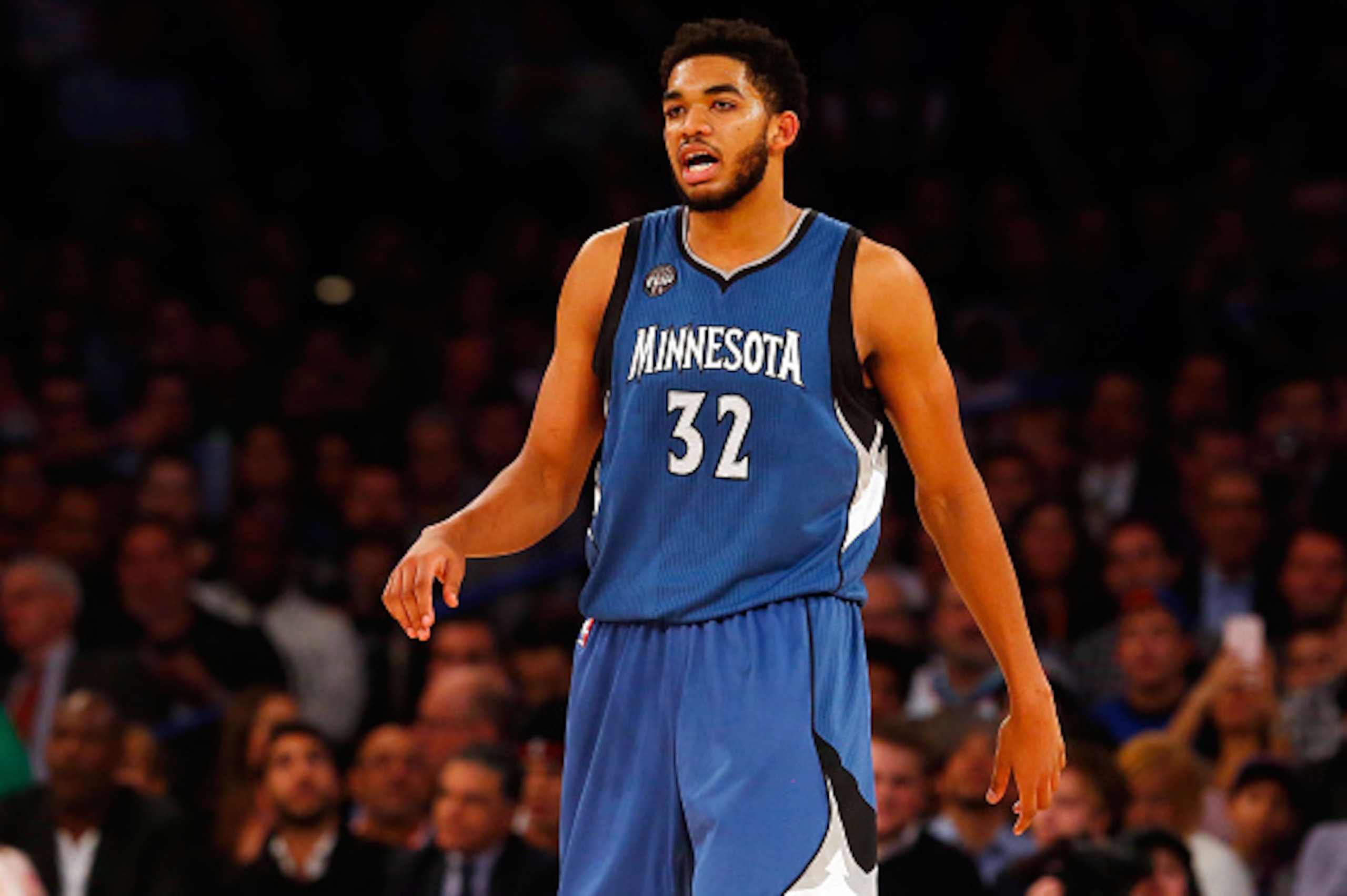 NEW YORK, NY - DECEMBER 16:  (NEW YORK DAILIES OUT)    Karl-Anthony Towns #32 of the Minnesota Timberwolves in action against the New York Knicks at Madison Square Garden on December 16, 2015 in New York City. The Knicks defeated the Timberwolves 107-102.