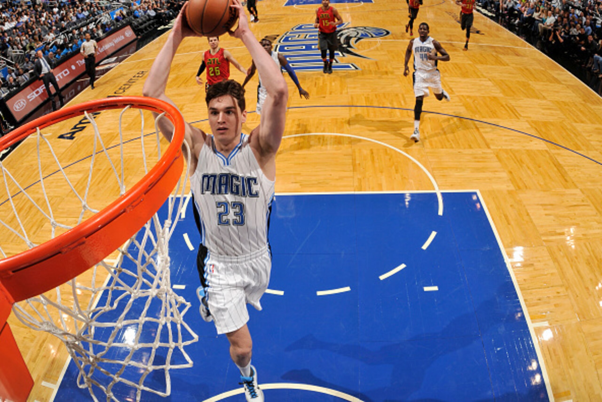 ORLANDO, FL - DECEMBER 20: Mario Hezonja #23 of the Orlando Magic shoots against the Atlanta Hawks during the game on December 20, 2015 at Amway Center in Orlando, Florida. NOTE TO USER: User expressly acknowledges and agrees that, by downloading and or u