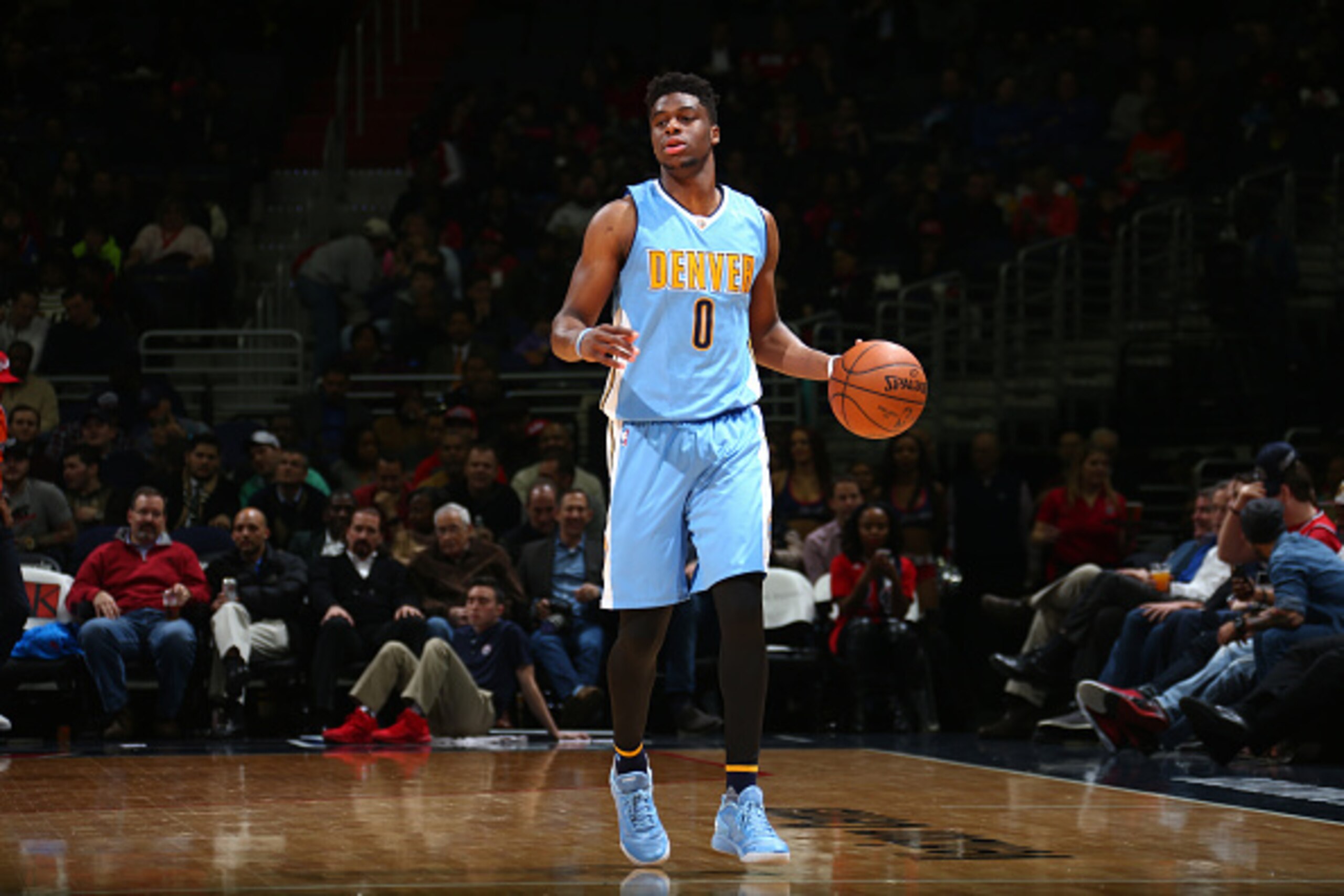WASHINGTON, DC -  JANUARY 28: Emmanuel Mudiay #0 of the Denver Nuggets handles the ball against the Washington Wizards on January 28, 2016 at Verizon Center in Washington, DC. NOTE TO USER: User expressly acknowledges and agrees that, by downloading and o