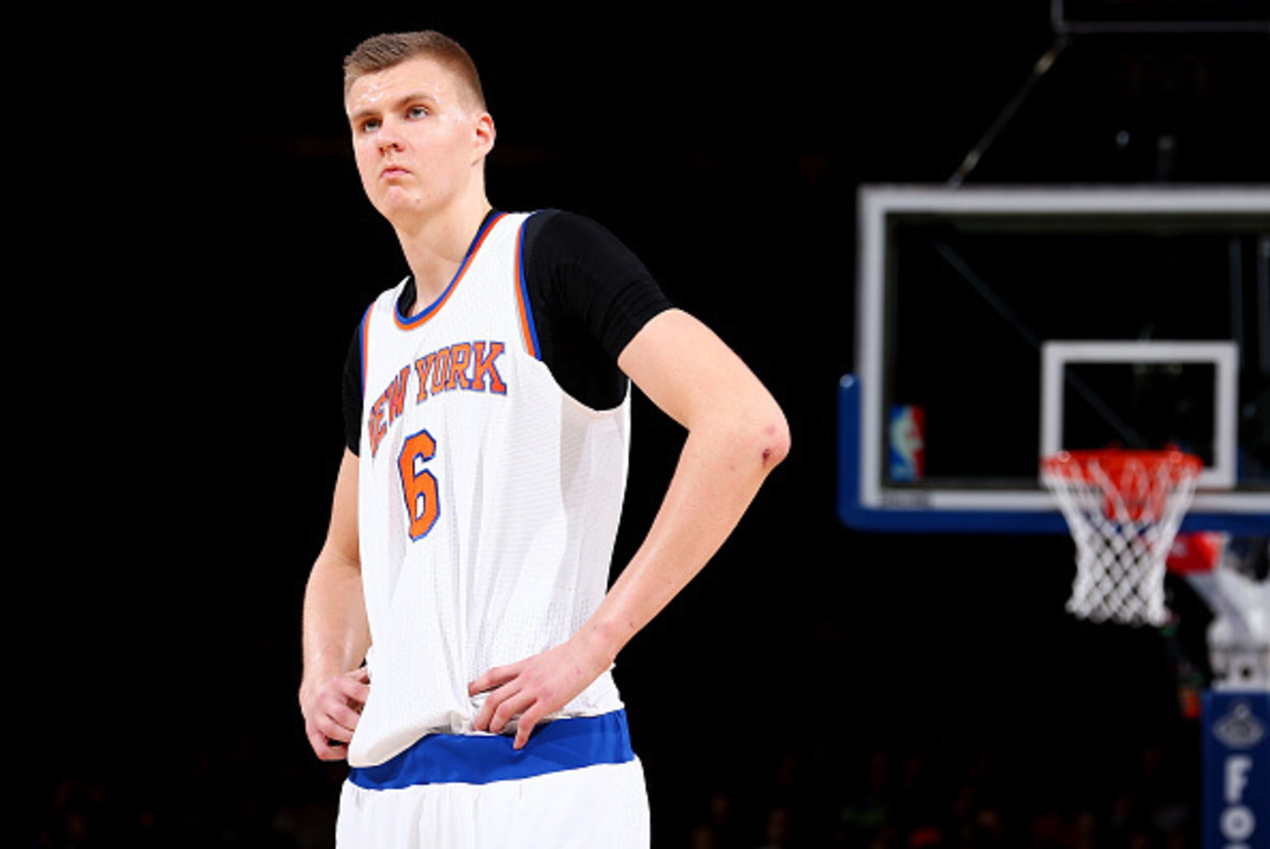 NEW YORK, NY - FEBRUARY 2: Kristaps Porzingis #6 of the New York Knicks during the game against the Boston Celtics on February 2, 2016 at Madison Square Garden in New York, New York. NOTE TO USER: User expressly acknowledges and agrees that, by downloadin