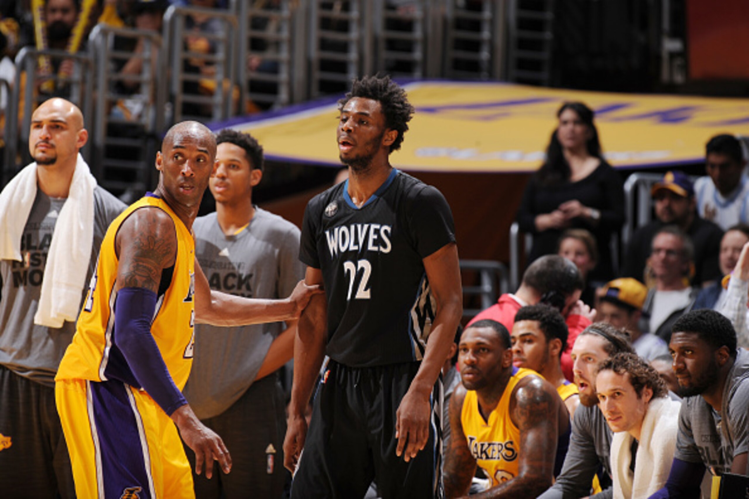 LOS ANGELES, CA - FEBRUARY 2:  Kobe Bryant #24 of the Los Angeles Lakers plays defense against Andrew Wiggins #22 of the Minnesota Timberwolves on February 2, 2016 at STAPLES Center in Los Angeles, California. NOTE TO USER: User expressly acknowledges and