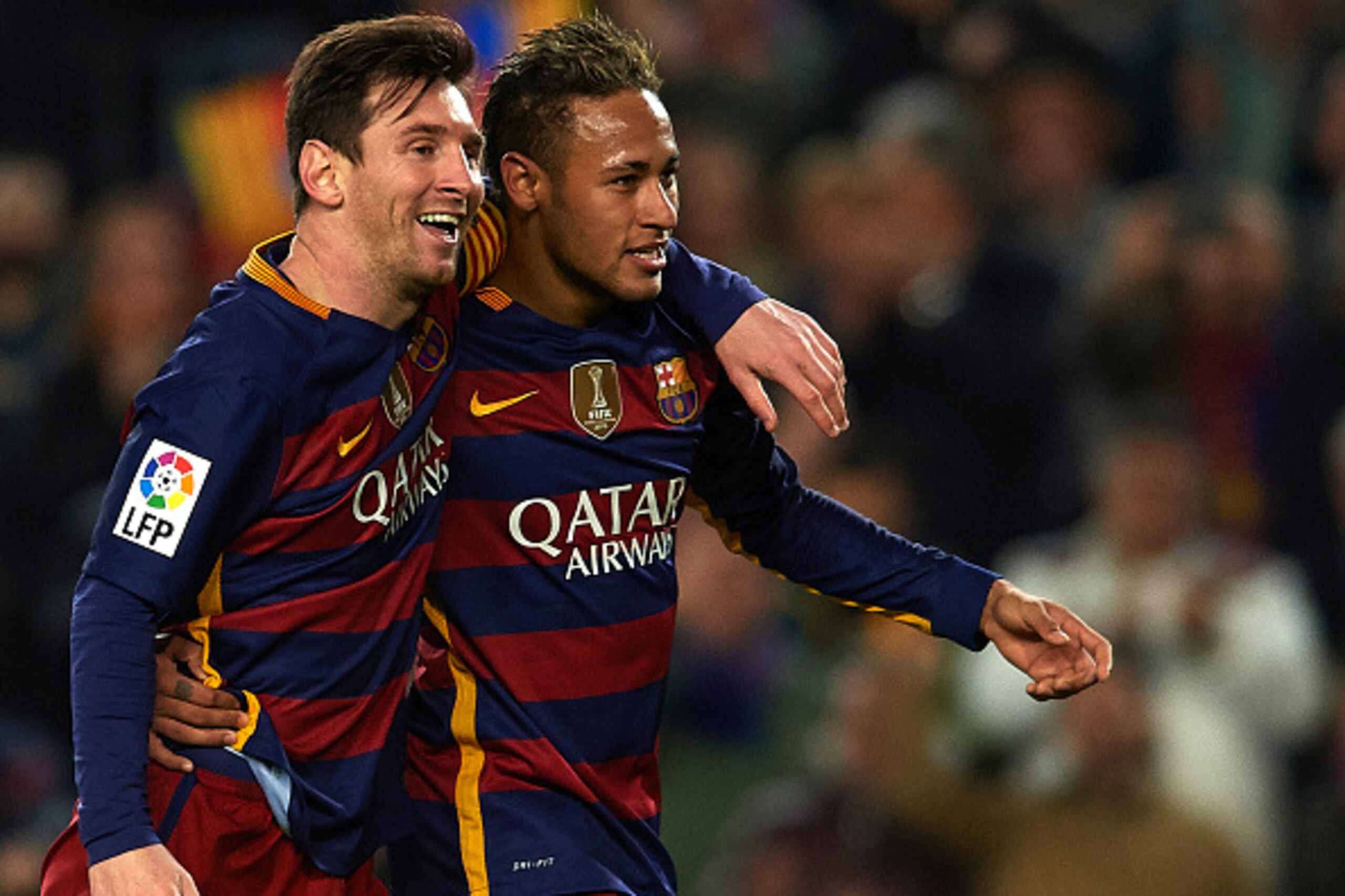 BARCELONA, SPAIN - FEBRUARY 03:  Lionel Messi of Barcelona celebrates scoring his team's fourth goal with his teammate Neymar JR (R) during the Copa del Rey Semi Final, first leg match between FC Barcelona and Valencia CF at Nou Camp on February 03, 2016 