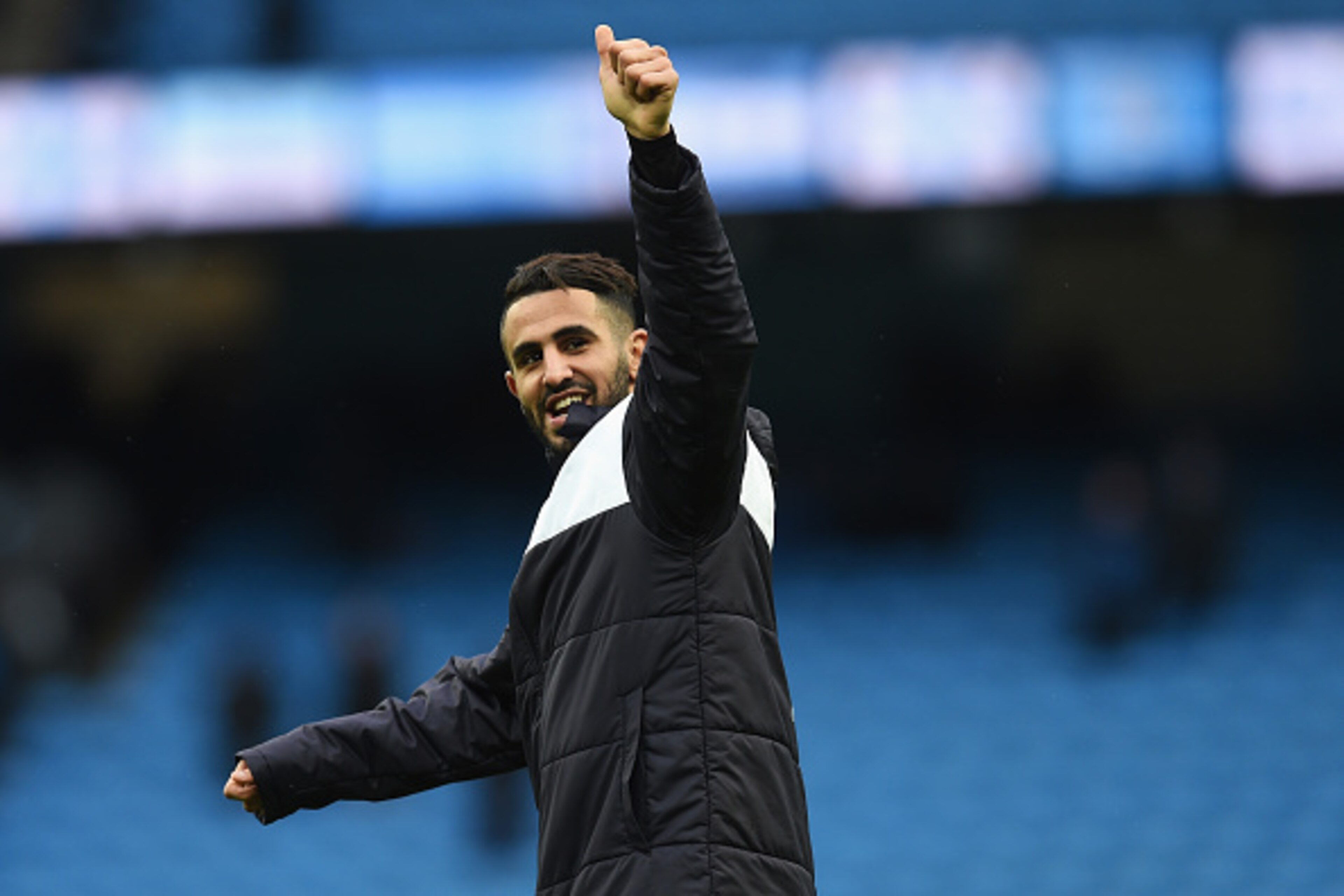 MANCHESTER, ENGLAND - FEBRUARY 06:  Riyad Mahrez of Leicester City celebrates his team's win in  the Barclays Premier League match between Manchester City and Leicester City at the Etihad Stadium on February 6, 2016 in Manchester, England.  (Photo by Mich