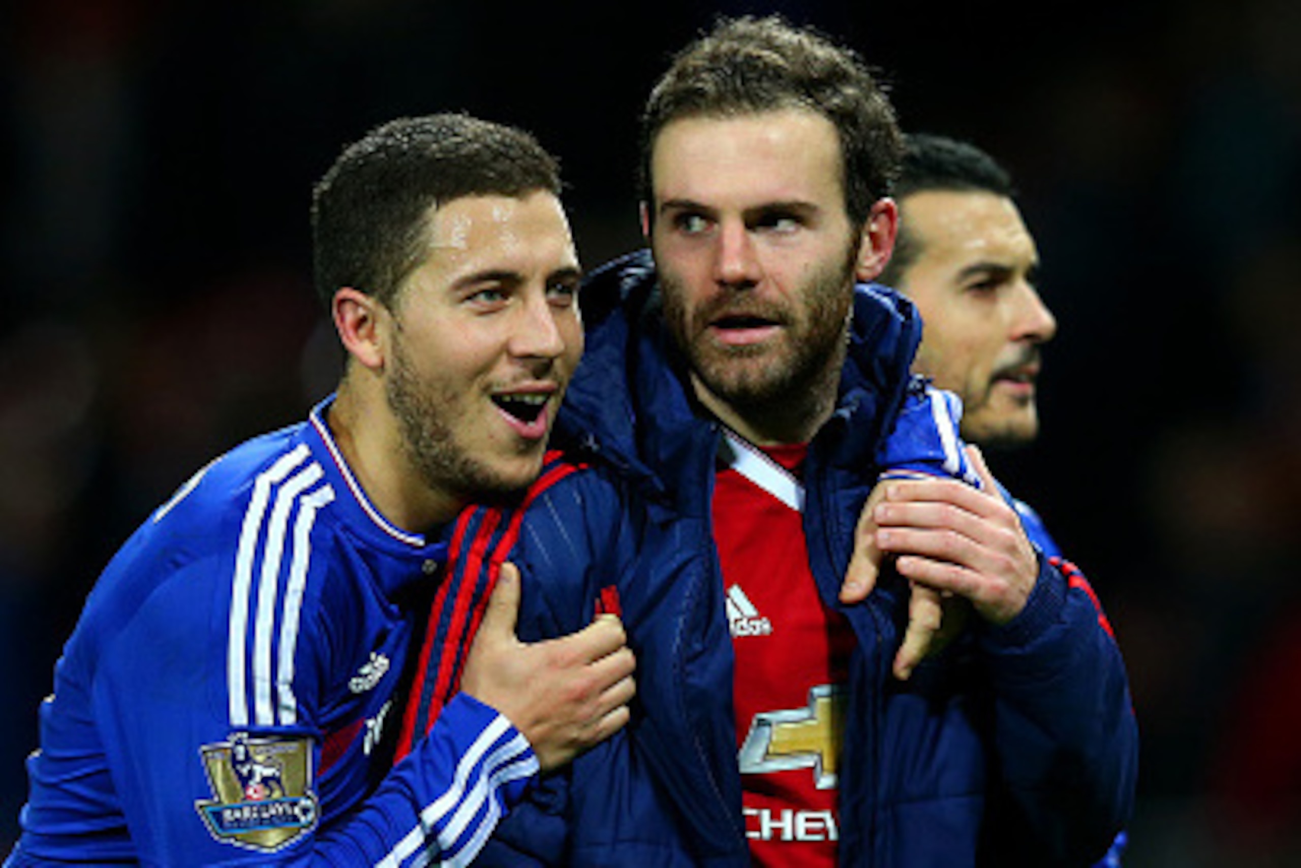MANCHESTER, ENGLAND - DECEMBER 28:  Eden Hazard of Chelsea speaks with Juan Mata of Manchester United after the Barclays Premier League match between Manchester United and Chelsea at Old Trafford on December 28, 2015 in Manchester, England.  (Photo by Ale