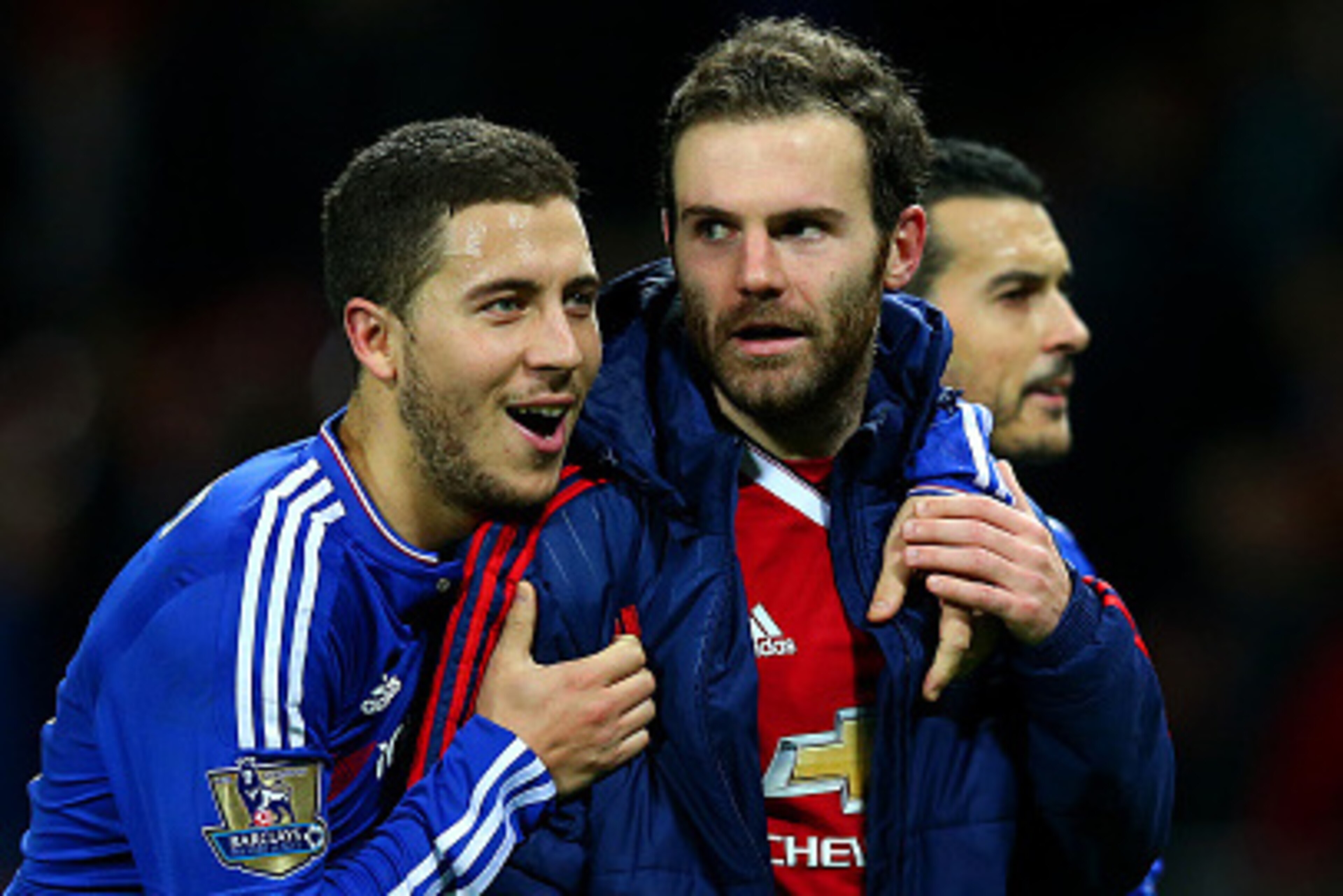 MANCHESTER, ENGLAND - DECEMBER 28:  Eden Hazard of Chelsea speaks with Juan Mata of Manchester United after the Barclays Premier League match between Manchester United and Chelsea at Old Trafford on December 28, 2015 in Manchester, England.  (Photo by Ale