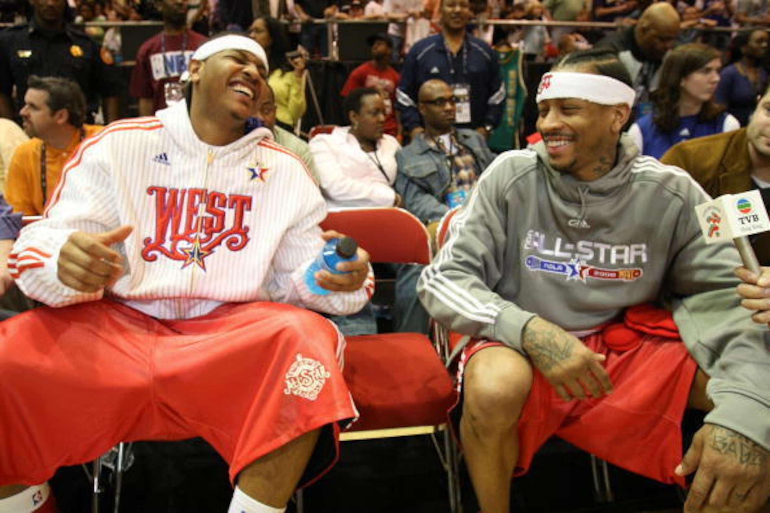 Carmelo Anthony and Allen Iverson (R) of the Denver Nuggets joke around during a media session at the  East-West practice session at the Ernest N. Morial Convention Center during the 2008 NBA All-Star Weekend February 16, 2008 in New Orleans, Louisiana.  