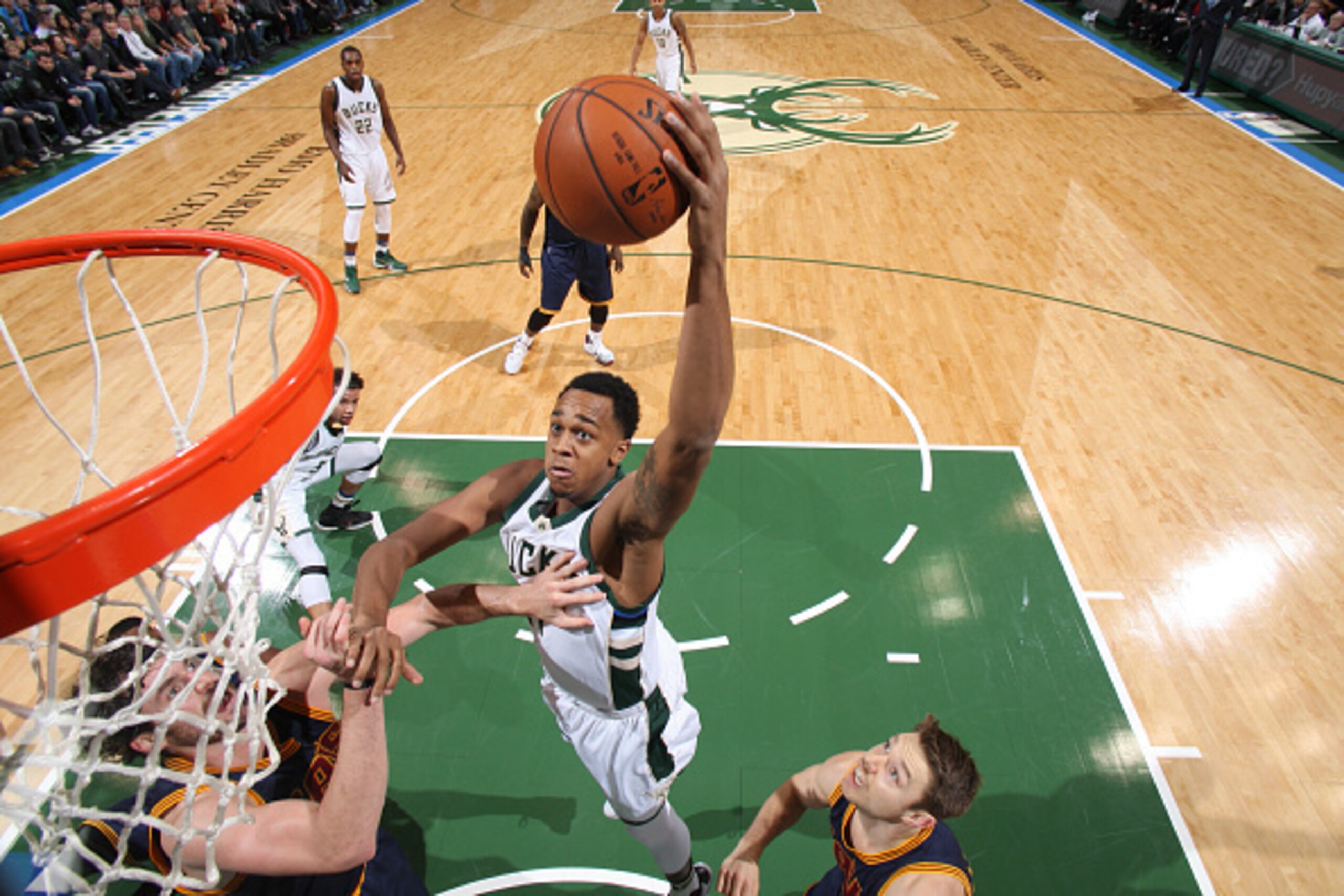 MILWAUKEE, WI - NOVEMBER 14: John Henson #31 of the Milwaukee Bucks goes for the dunk against the Cleveland Cavaliers during the game on November 14, 2015 at BMO Harris Bradley Center in Orlando, Wisconsin. NOTE TO USER: User expressly acknowledges and ag