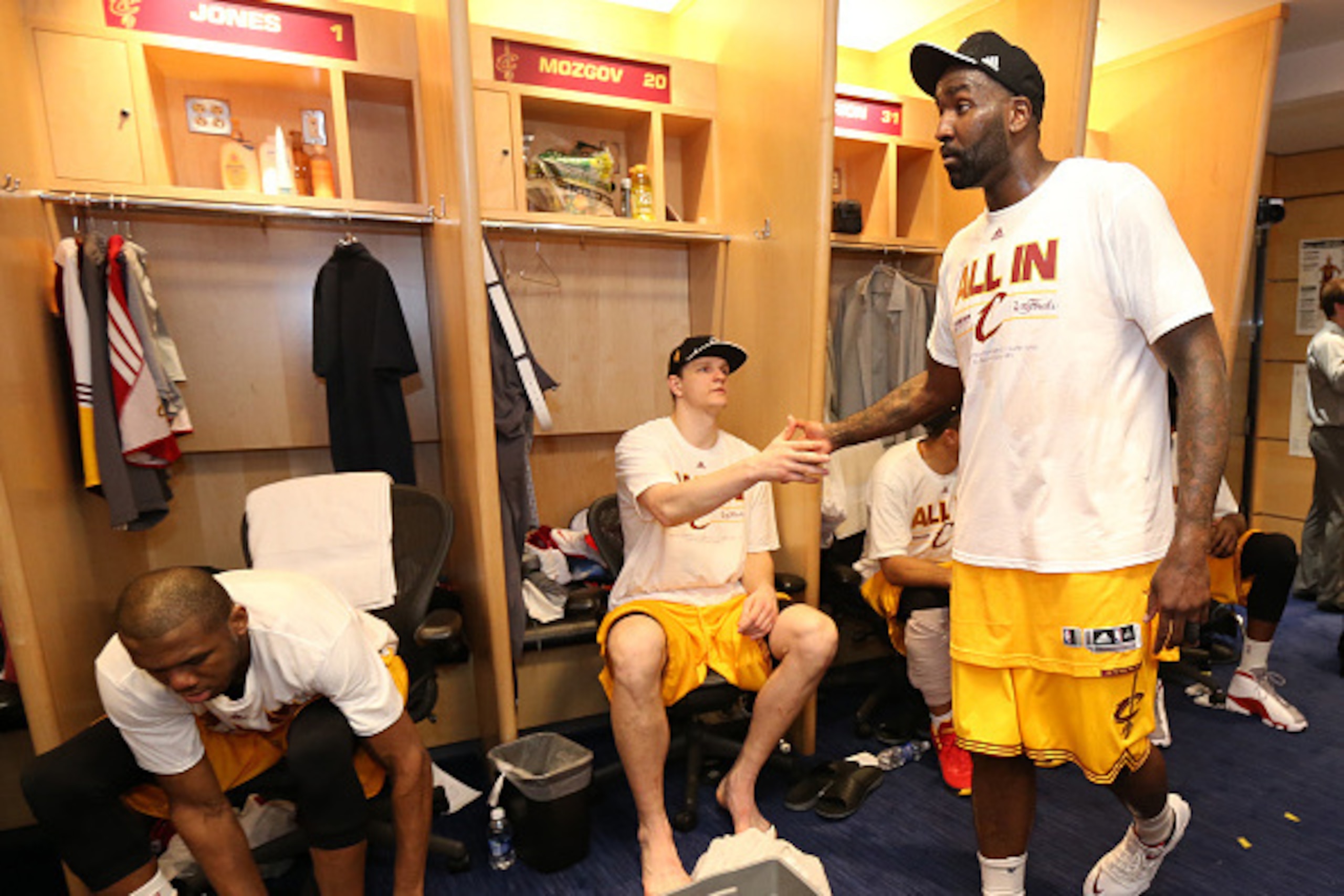 CLEVELAND, OH - MAY 26: Kendrick Perkins #3 of the Cleveland Cavaliers celebrates winning the Eastern Conference Final after  Game Four of the Eastern Conference Finals during the 2015 NBA Playoffs against the Atlanta Hawks on May 26, 2015 at Quicken Loan