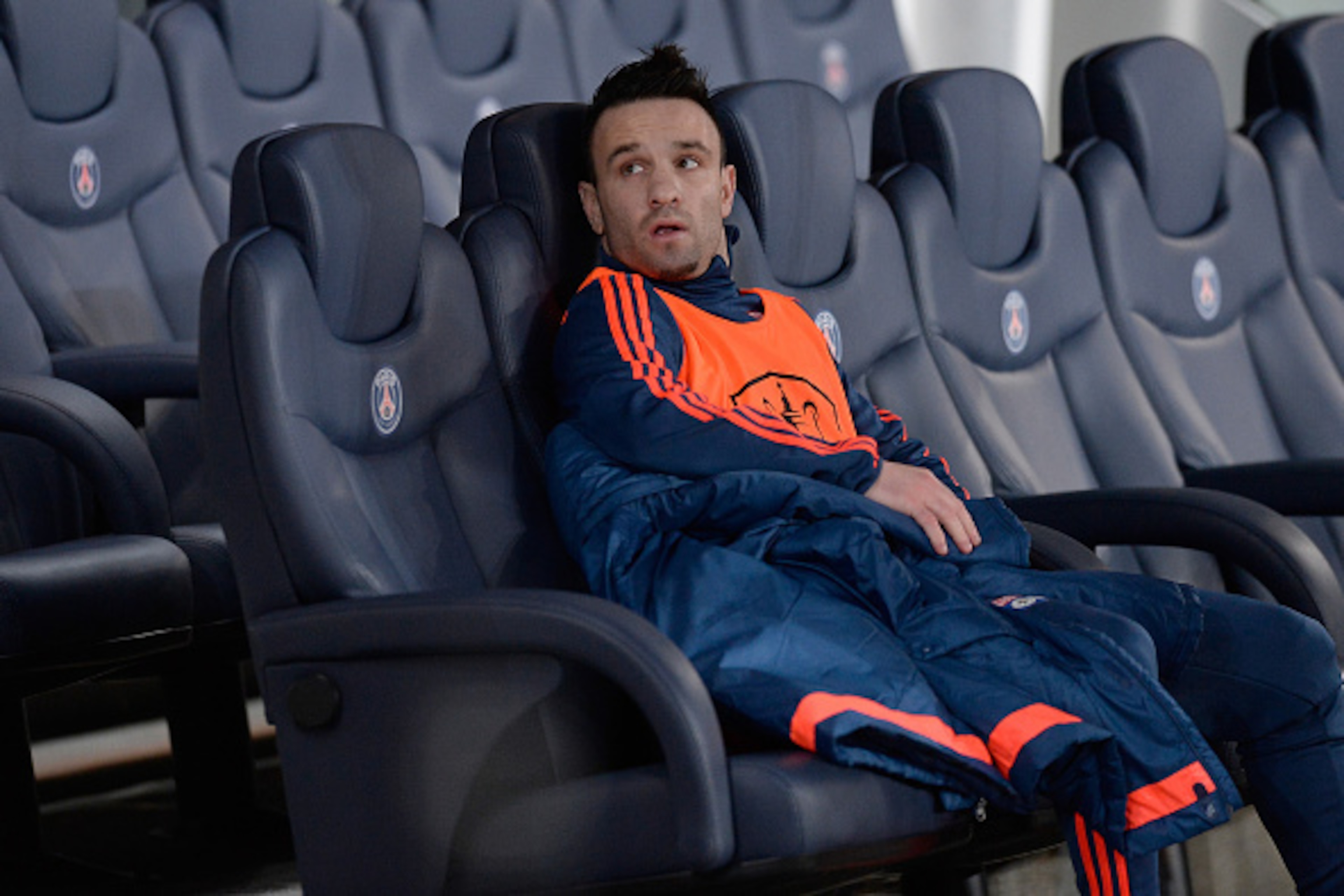 PARIS, FRANCE - FEBRUARY 10: Mathieu Valbuena of Olympique Lyonnais sits on the bench before the start of the French Cup game between the Paris Saint-Germain and Olympique Lyonnais at Parc des Princes on February 10, 2016 in Paris, France. (Photo by Aurel