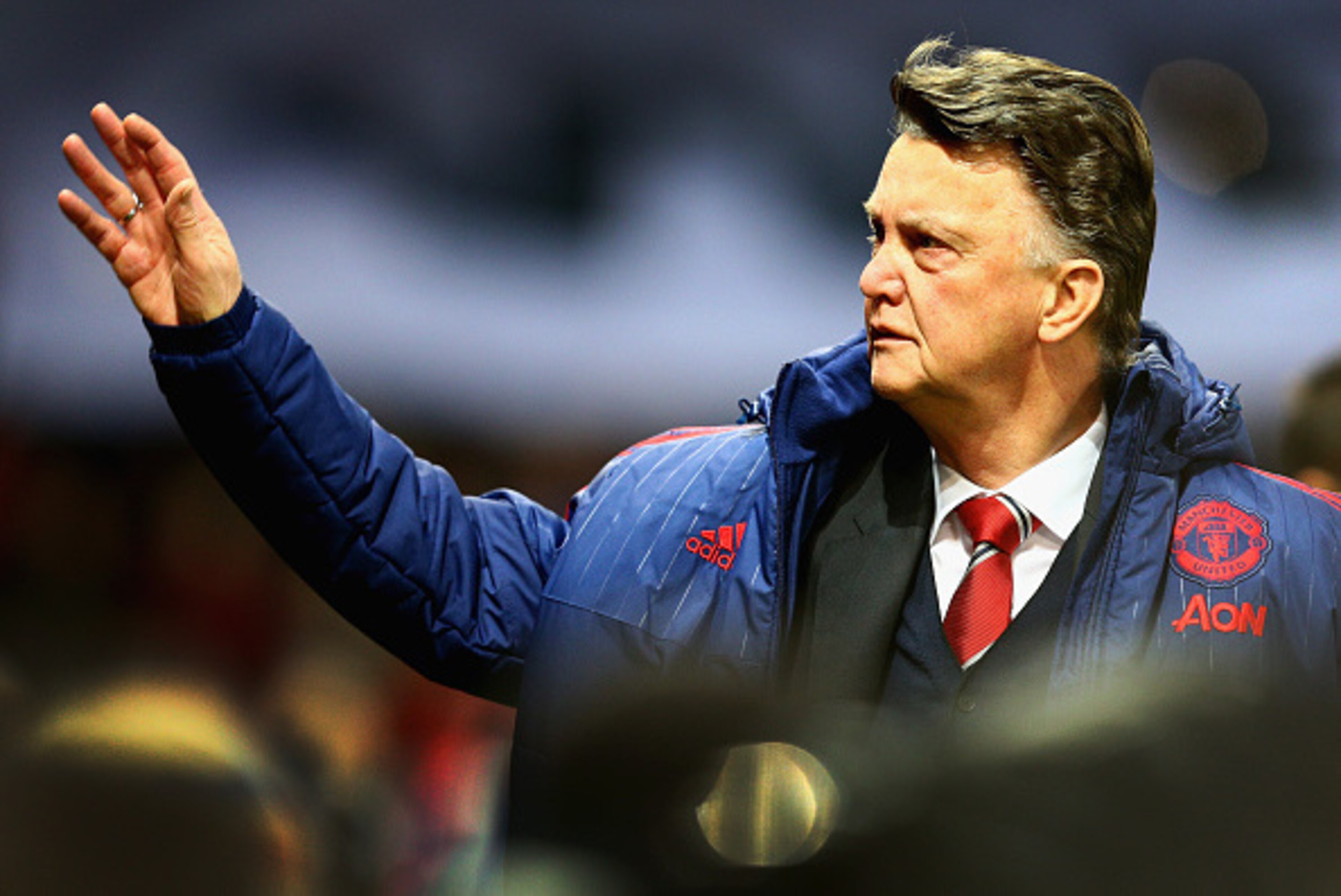 MANCHESTER, ENGLAND - FEBRUARY 02:  Louis van Gaal of Manchester United waves to the crowd before the Barclays Premier League match between Manchester United and Stoke City at Old Trafford on February 2, 2016 in Manchester, England.  (Photo by Clive Mason