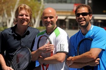 Tennis legends Jim Courier (L) Andre Agassi (C), Pete Sampras  pose together at a press conference to announce the Champions Series tennis tour, May 3, 2011 outside the Staples Center in downtown Los Angeles. In addition to Agassi, Sampras and Courier, th